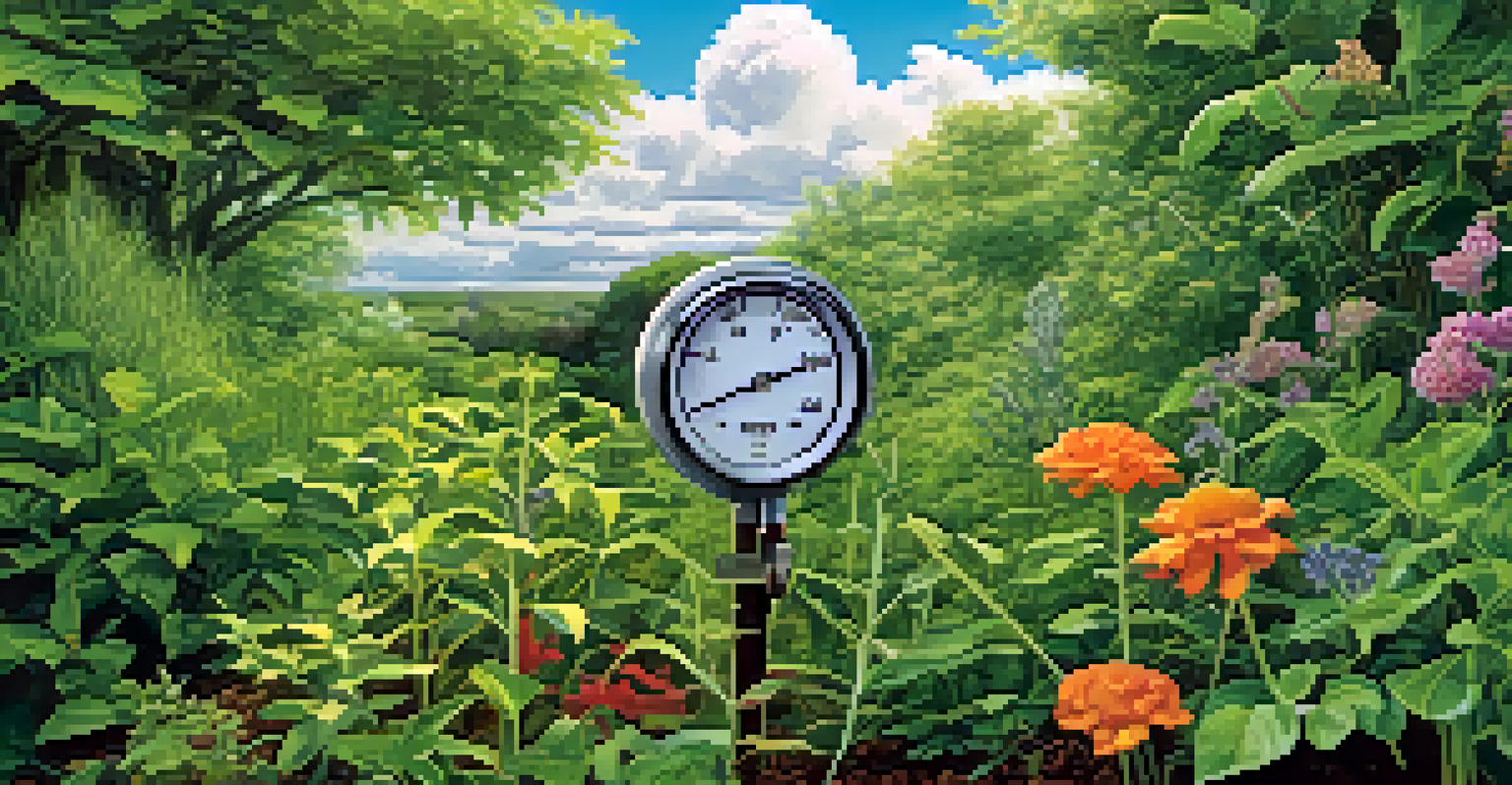 A garden scene featuring a temperature gauge surrounded by thriving invasive plants and wilting native species.