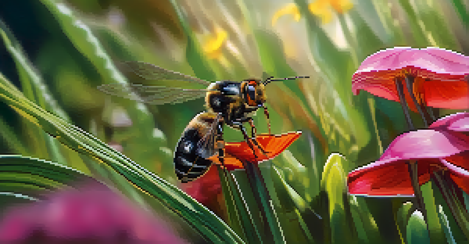 Close-up of a rain garden with blooming plants and rich soil textures, featuring a small insect on a flower.