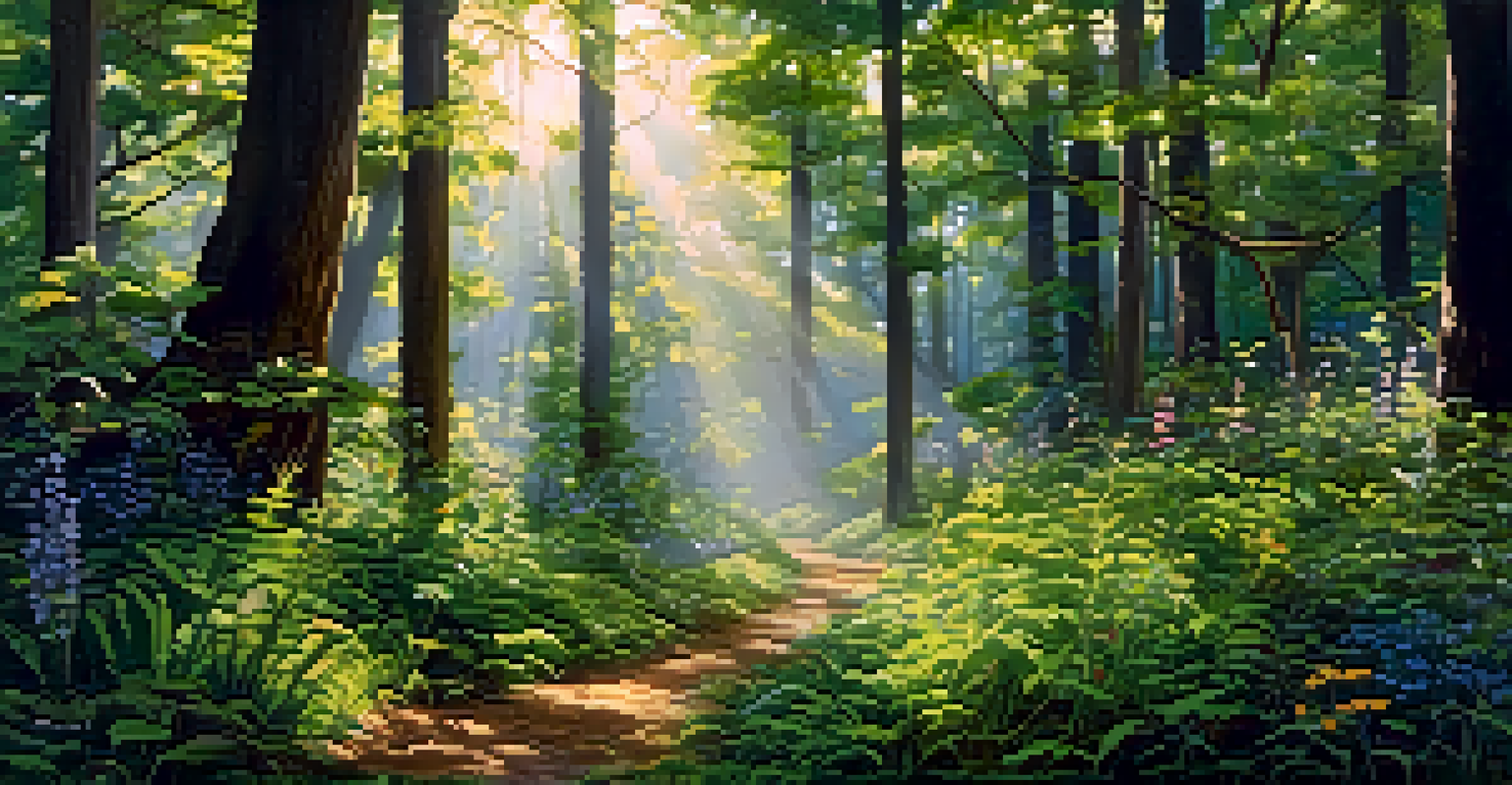 A serene forest scene with various plants and trees, sunlight streaming through the canopy and lush greenery on the ground.