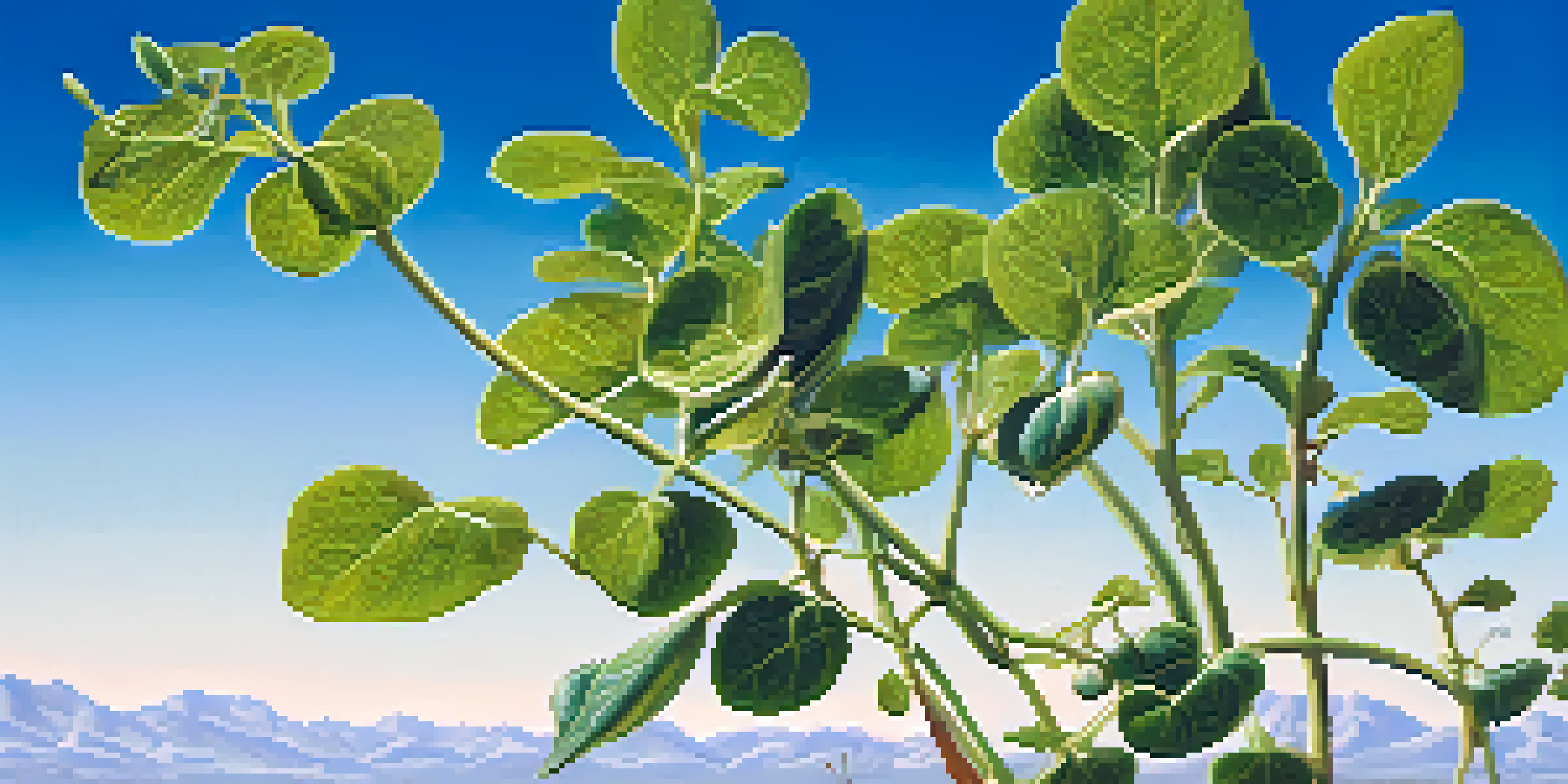 A close-up of a green legume plant with visible root nodules, set against a blue sky, emphasizing its role in nitrogen fixation.