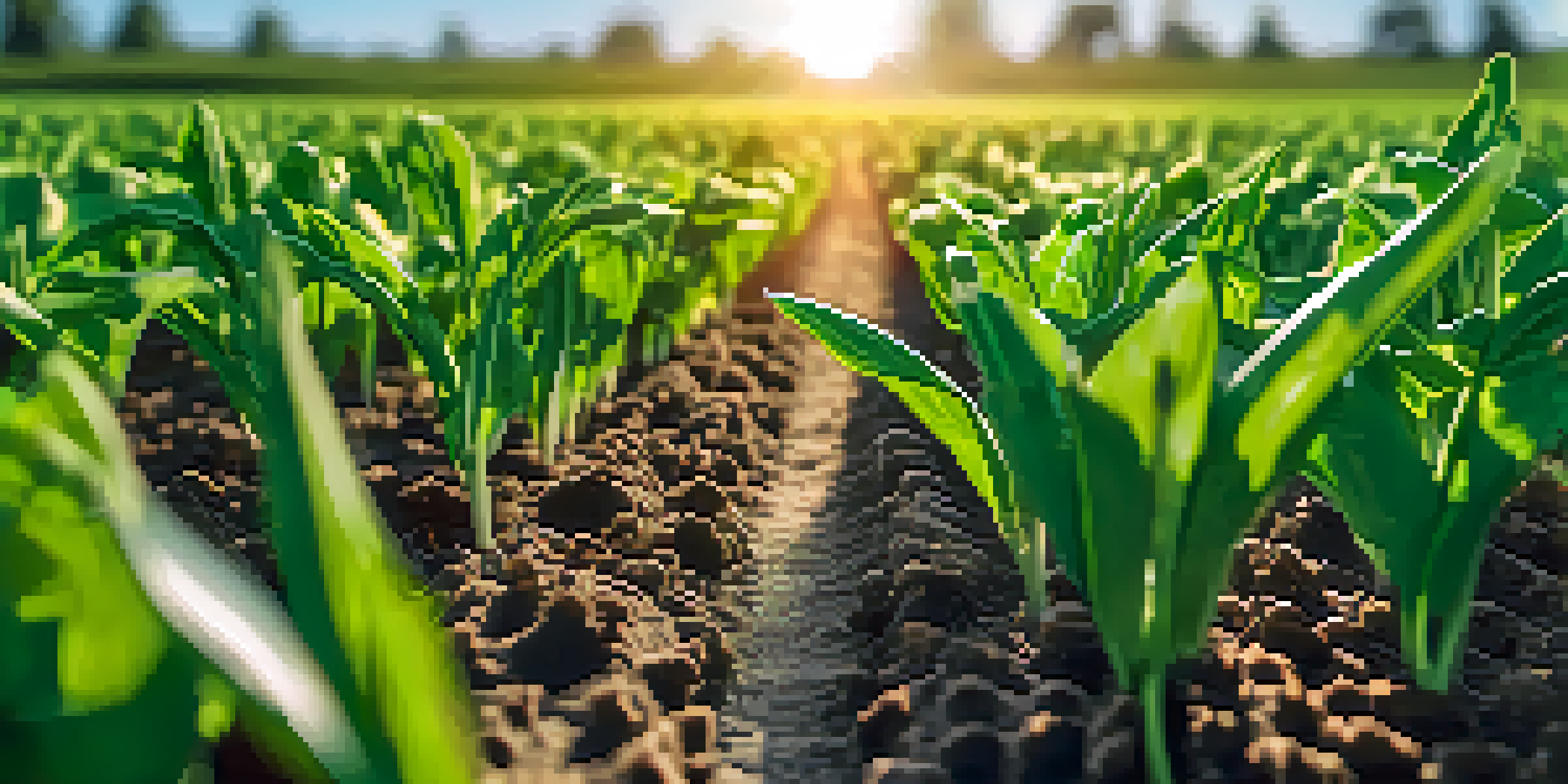 Close-up of healthy crops in a field with sunlight, showing glowing nanoparticles around the roots.
