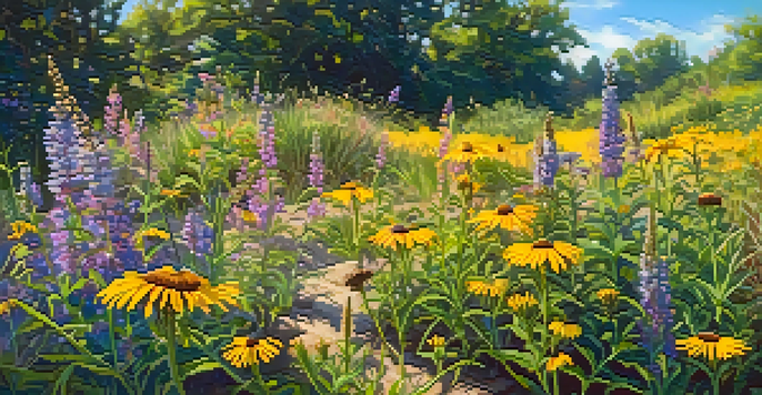 A colorful wildflower garden filled with butterflies and bees, surrounded by green plants under a blue sky.