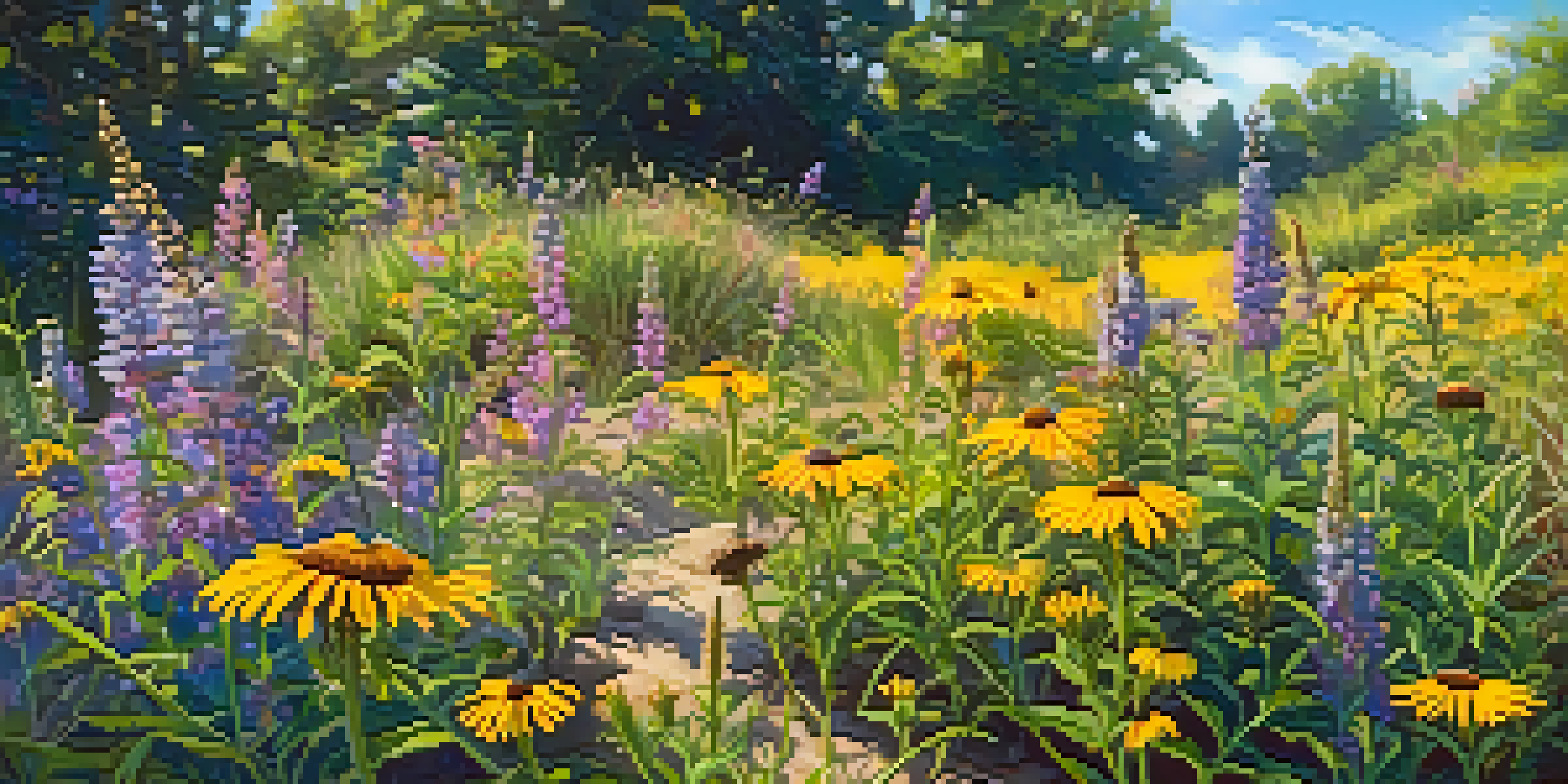 A colorful wildflower garden filled with butterflies and bees, surrounded by green plants under a blue sky.