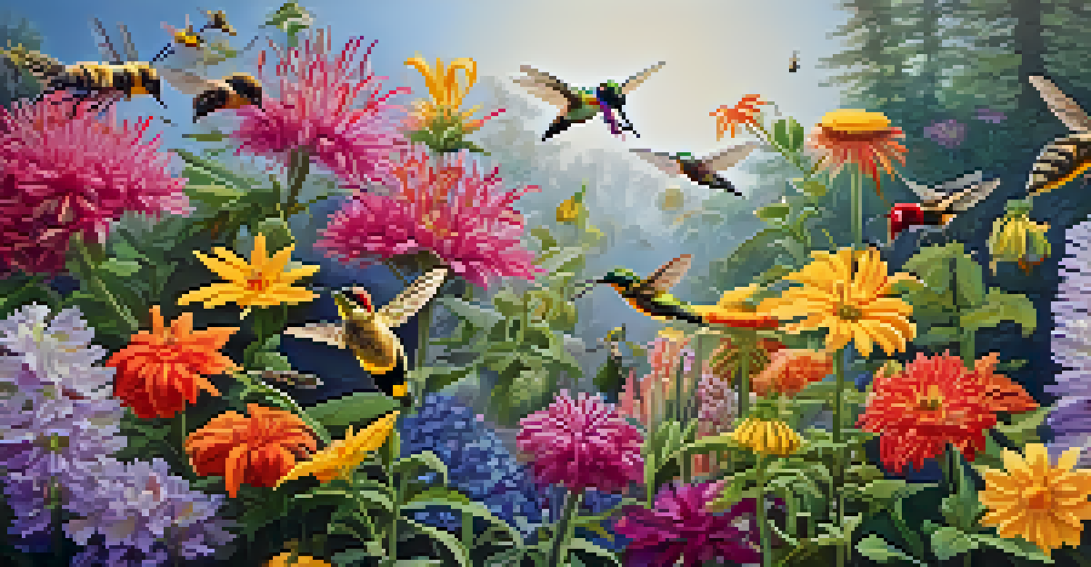 A garden filled with diverse flowers attracting bees and hummingbirds, showcasing various colors and shapes.