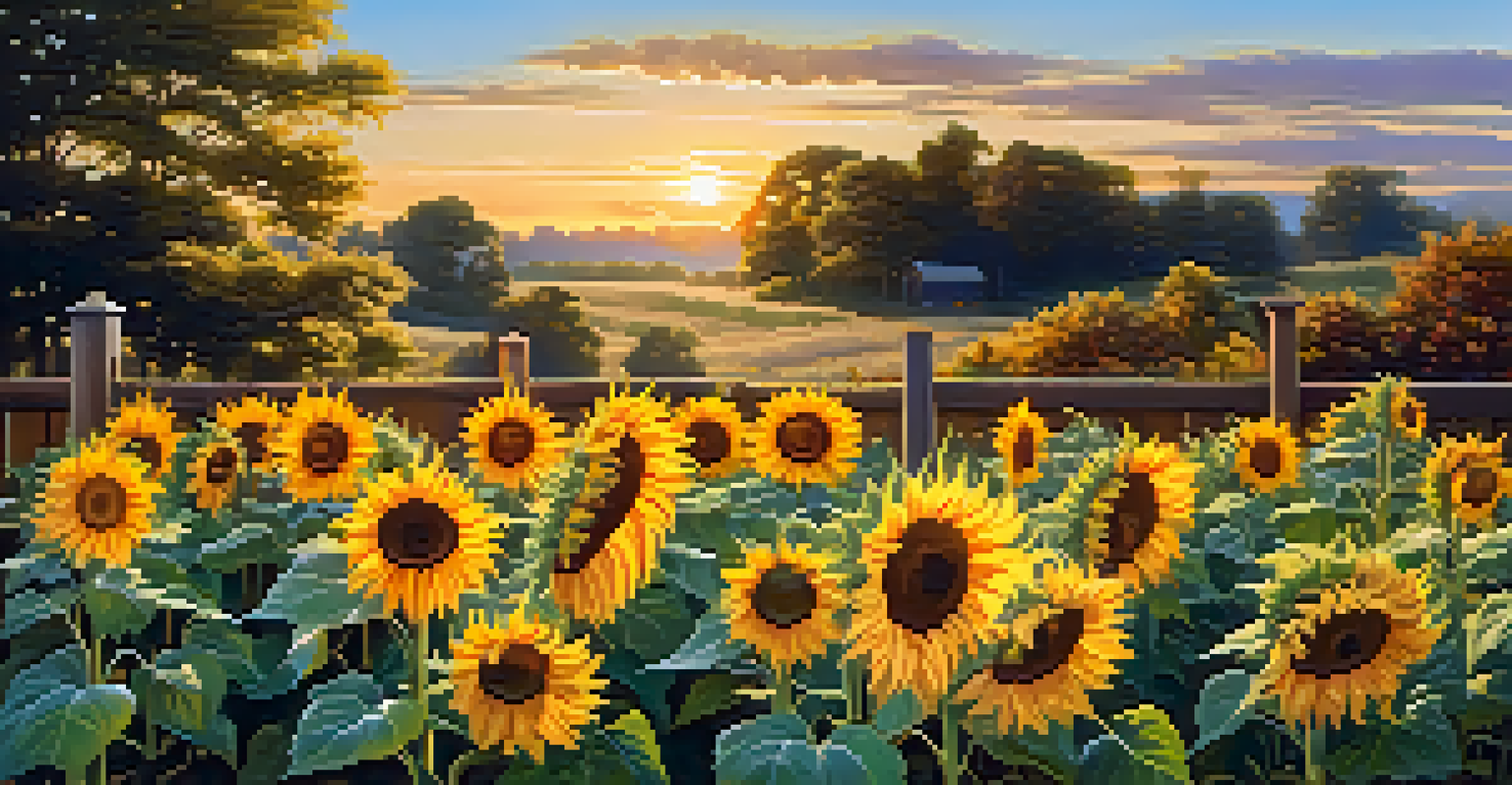 A garden with sunflowers at different blooming stages, swaying gently in the evening light, surrounded by a wooden fence.