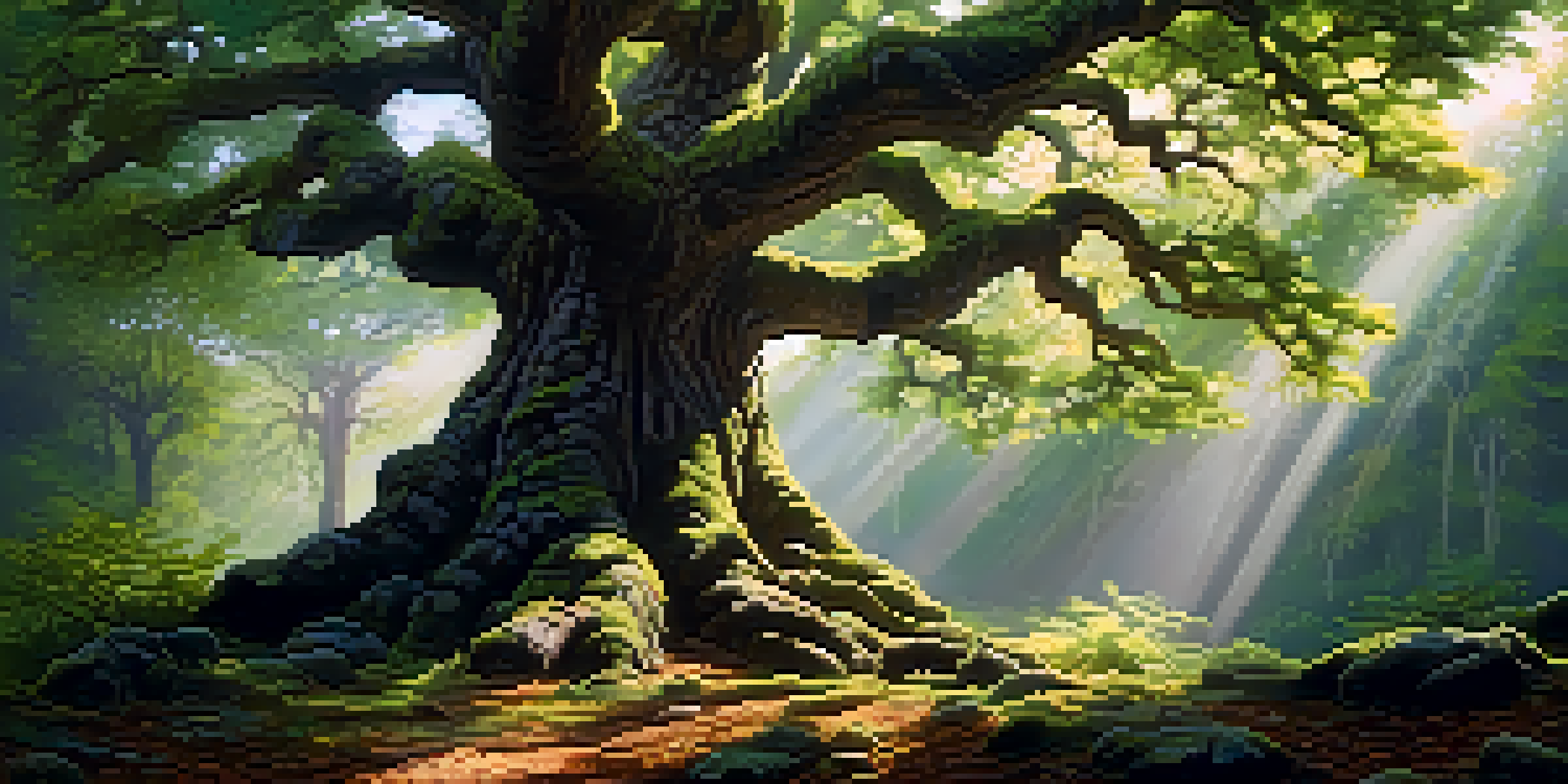 A large oak tree in a vibrant forest with sunlight shining through its leaves, surrounded by acorns on the ground.