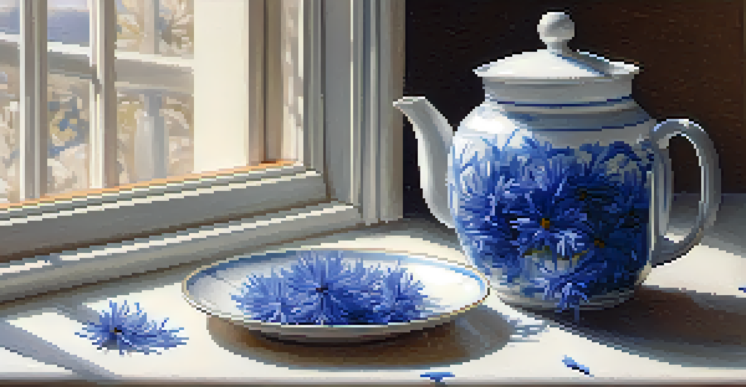 A still-life arrangement with cornflower petals on a plate and a jar of cornflower tea, illuminated by natural light.