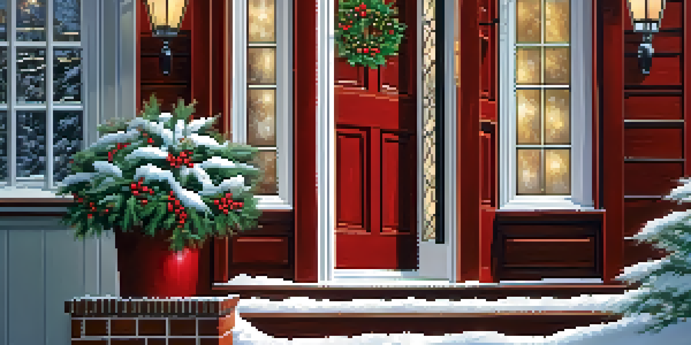 A warm front door decorated with a holly wreath in a snowy winter setting, with soft light glowing from inside.