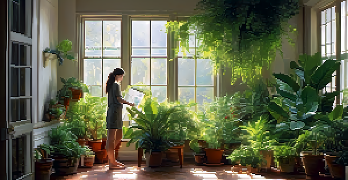 Person cleaning indoor plant leaves with a damp cloth in a sunlit room.