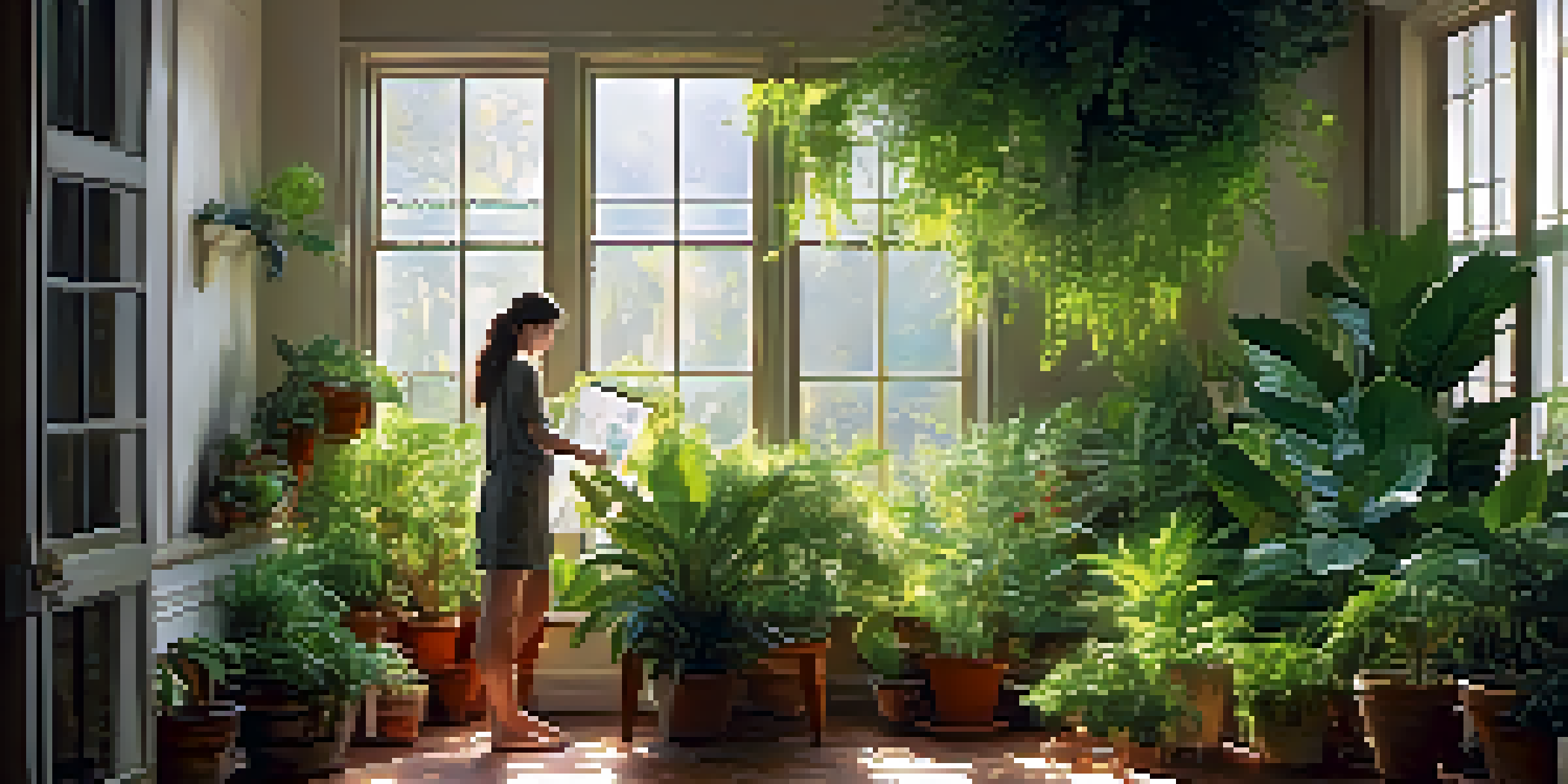 Person cleaning indoor plant leaves with a damp cloth in a sunlit room.