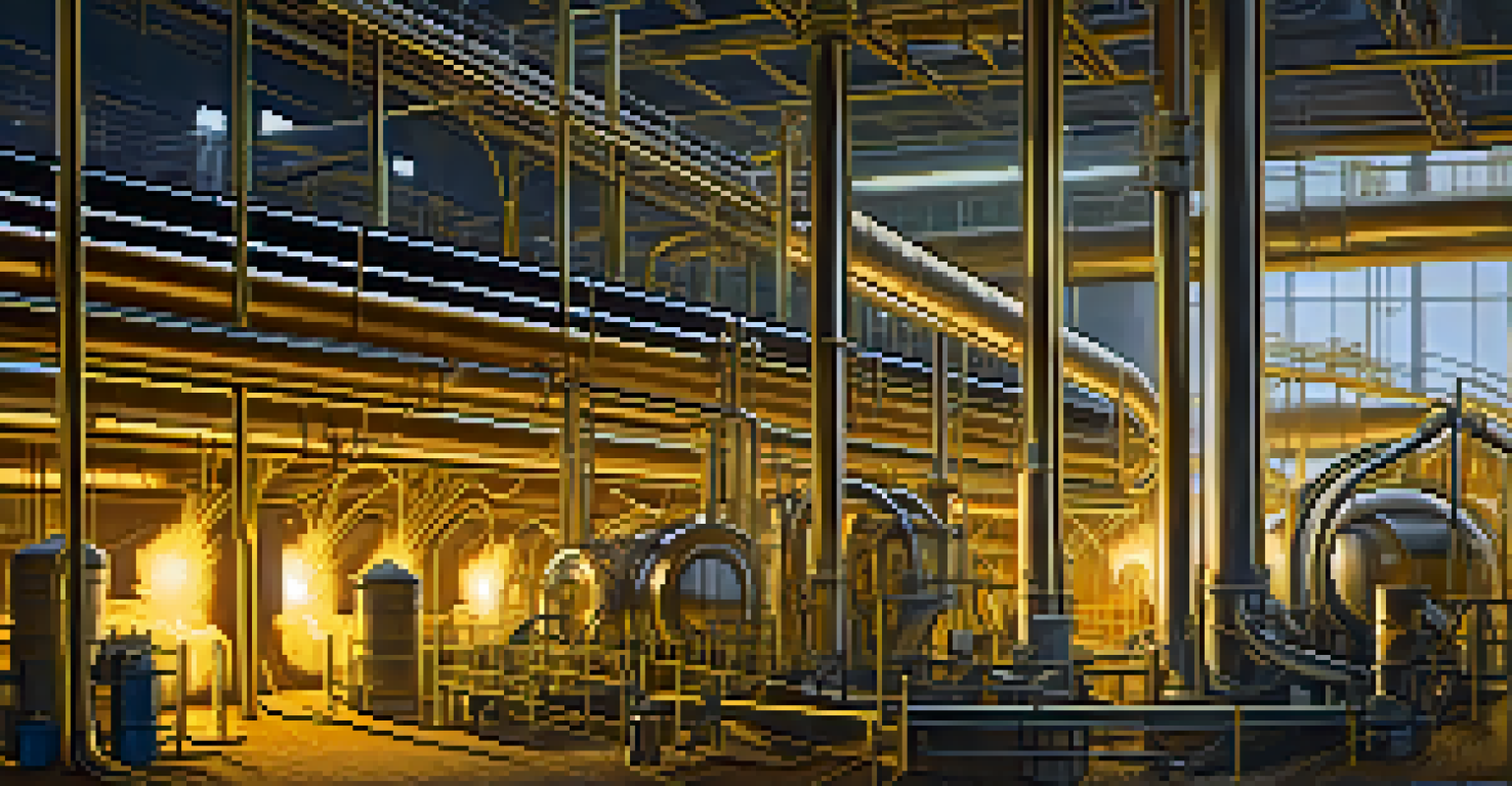 A modern biomass energy facility with machinery processing agricultural residues into biofuels, featuring workers in safety gear and steam rising from the equipment.