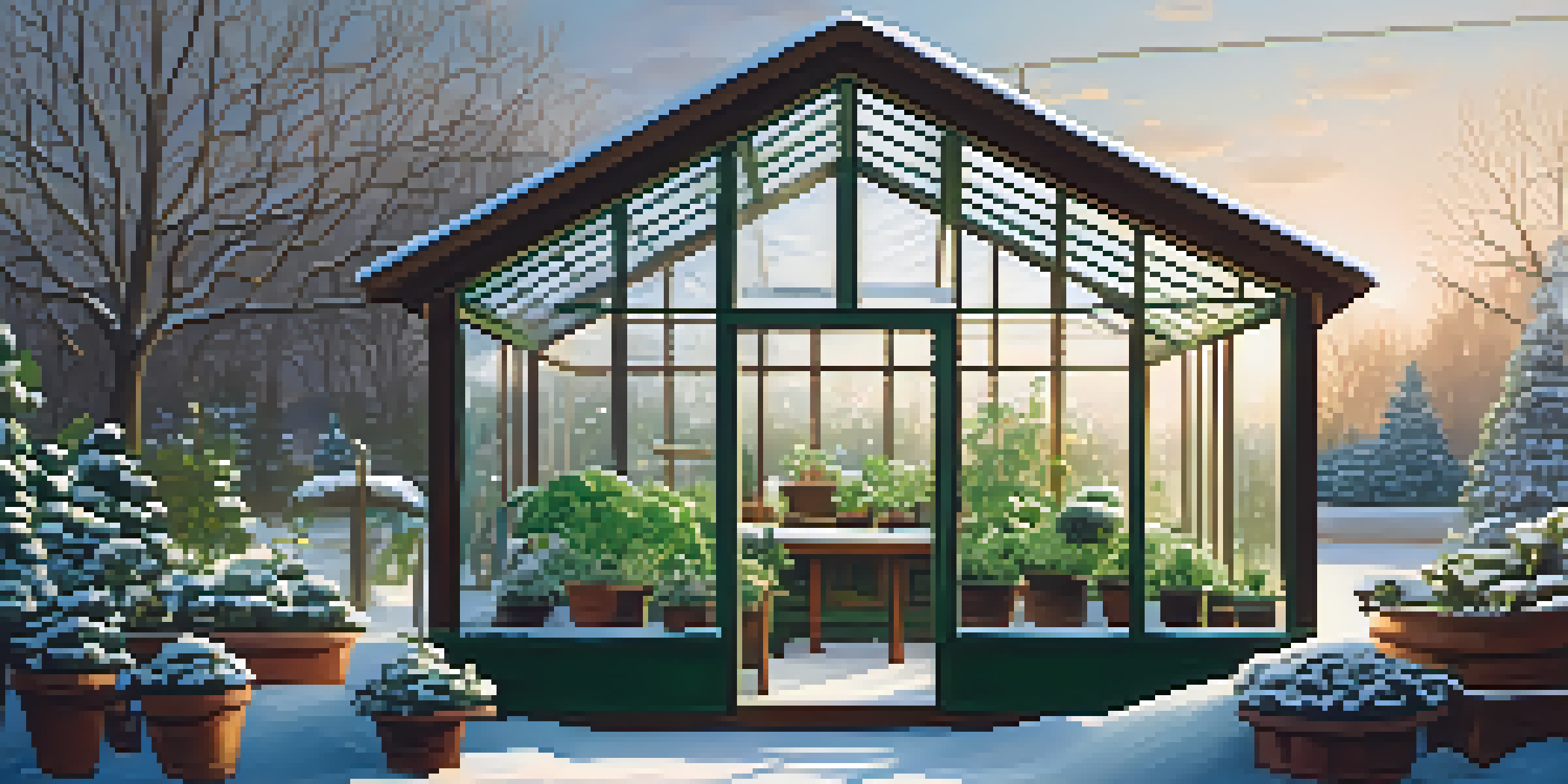 A winter greenhouse filled with thriving green plants like kale and spinach, surrounded by snow outside, with warm lighting and cozy elements inside.