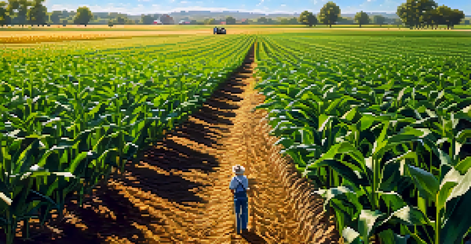 A farmer inspecting resilient corn crops in a sunny agricultural field, showcasing the potential of biotechnology.