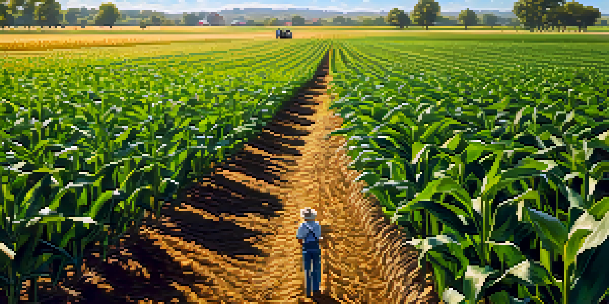 A farmer inspecting resilient corn crops in a sunny agricultural field, showcasing the potential of biotechnology.