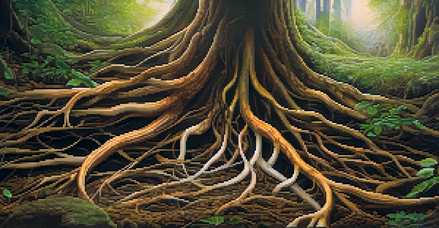 An underground view of a plant's root system intertwined with fungi, showing glowing chemical signals in the soil.