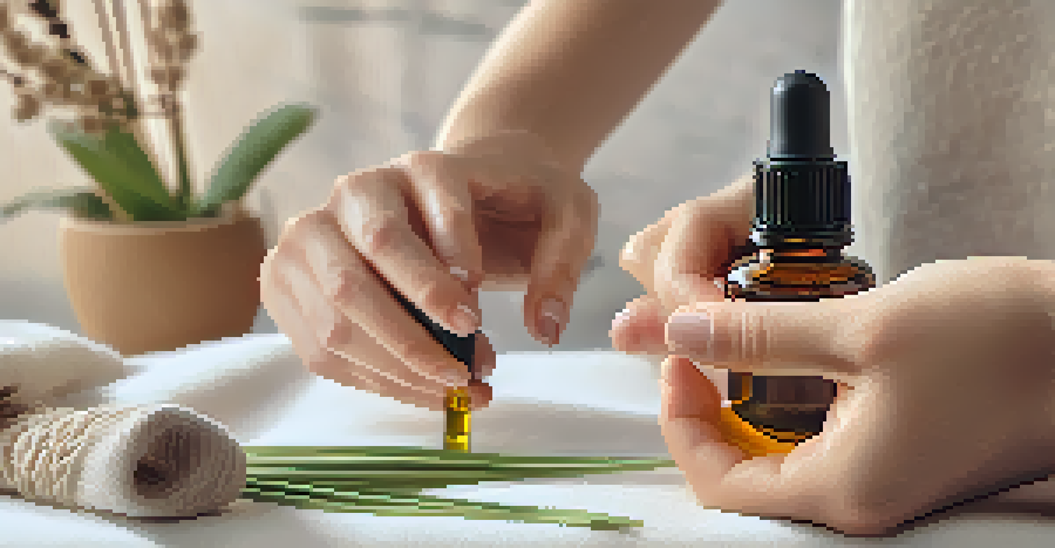 A close-up of a hand applying vetiver essential oil to the wrist, with a calming background of soft fabrics and a diffuser, highlighting a self-care moment.