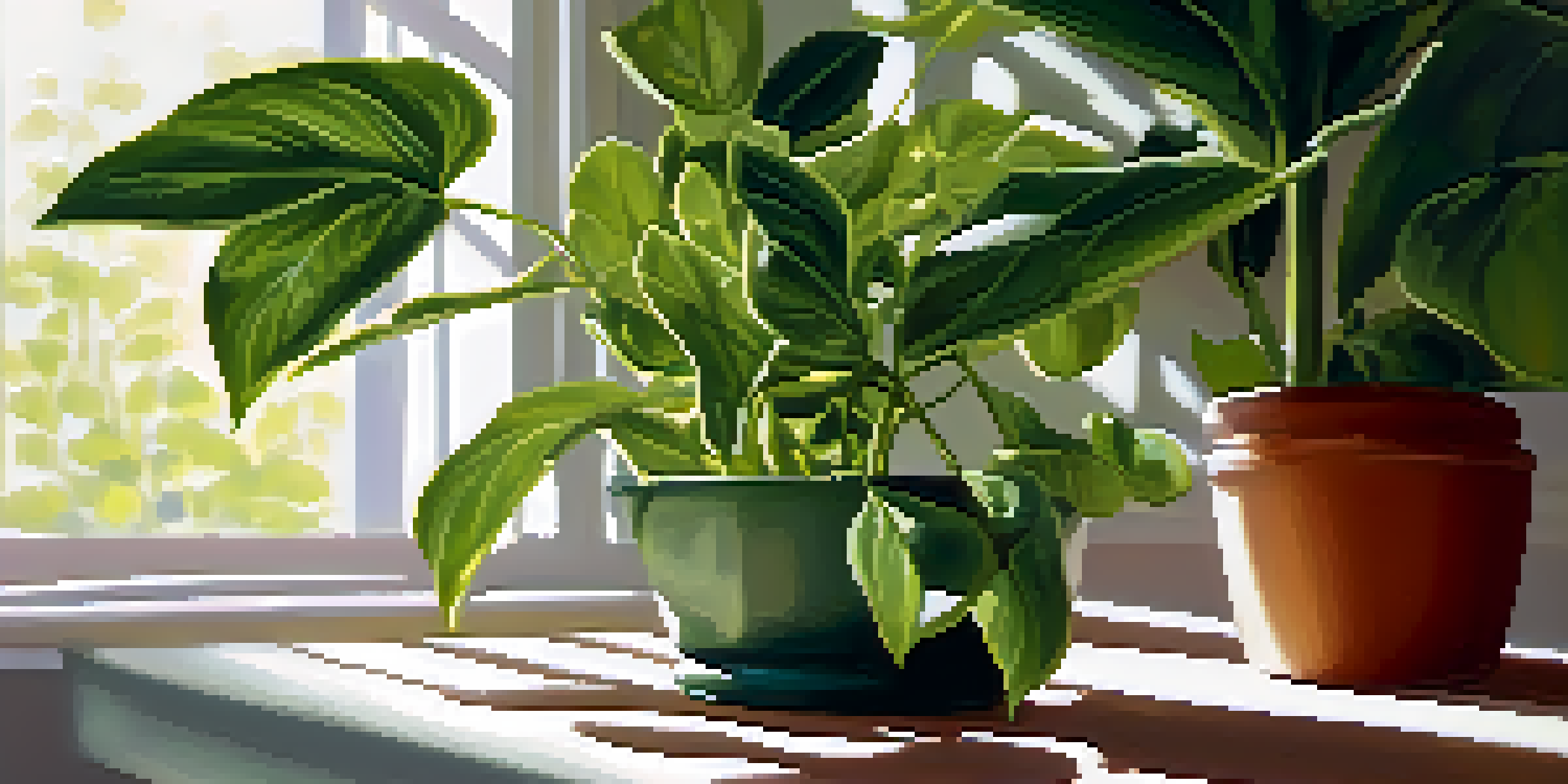 A close-up view of a green plant with yellowing leaves, suggesting nutrient deficiency, with soft sunlight and a blurred background.