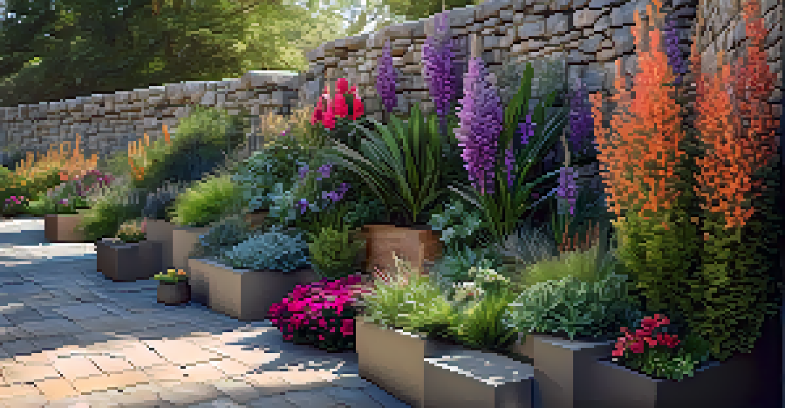 A seasonal vertical garden featuring colorful flowers and lush greenery against a stone wall.