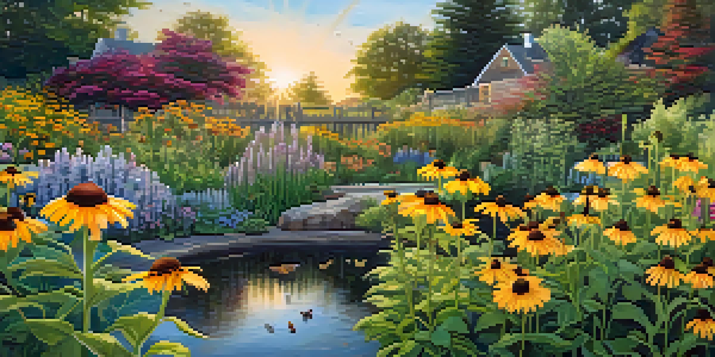 A colorful garden with native plants attracting bees and butterflies under warm afternoon light.