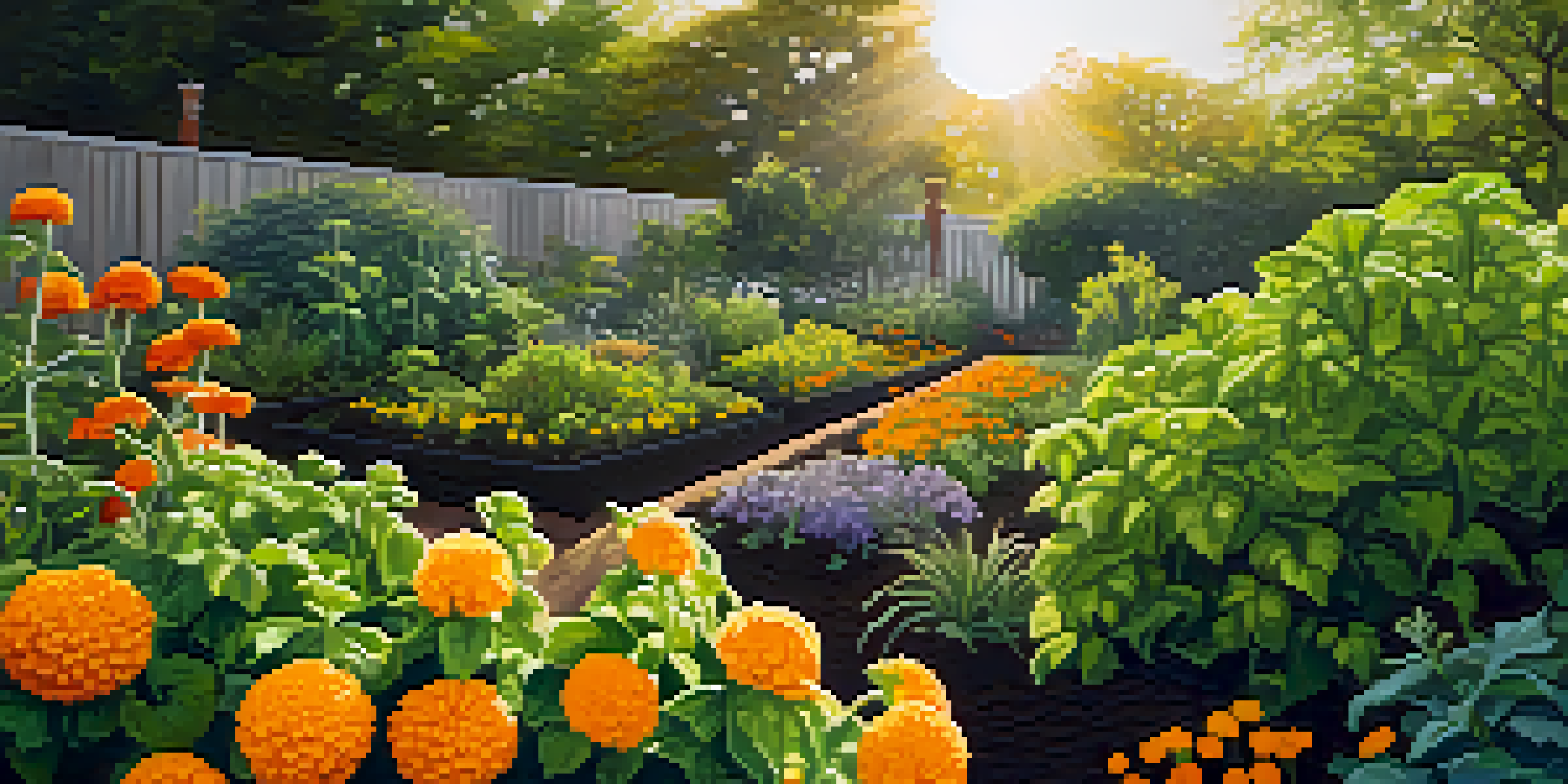 A colorful garden with tomato plants next to basil and blooming marigolds, illuminated by sunlight.