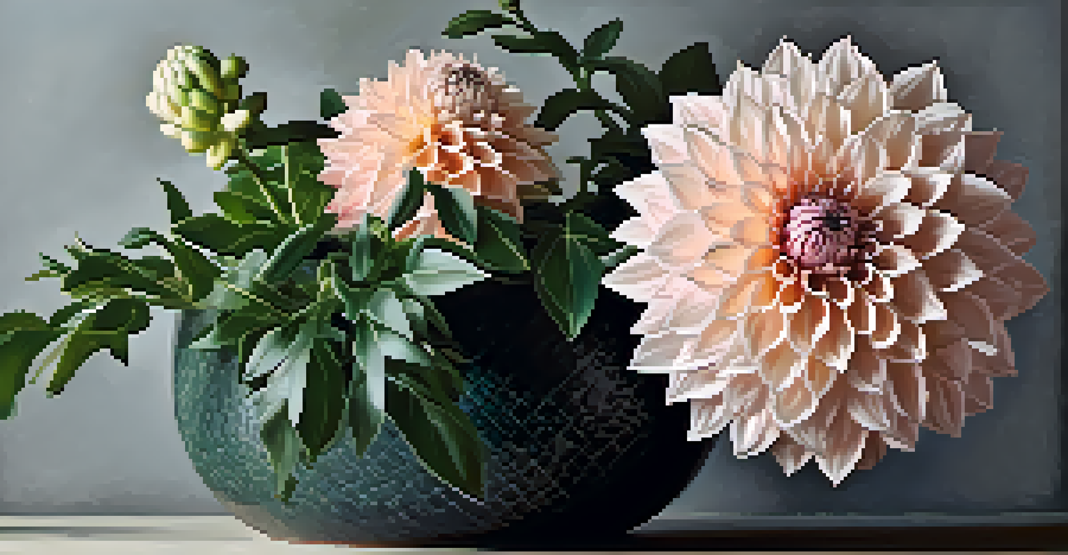 A modern arrangement of a blush dahlia and dark green leaves in a ceramic pot, illuminated with side lighting.