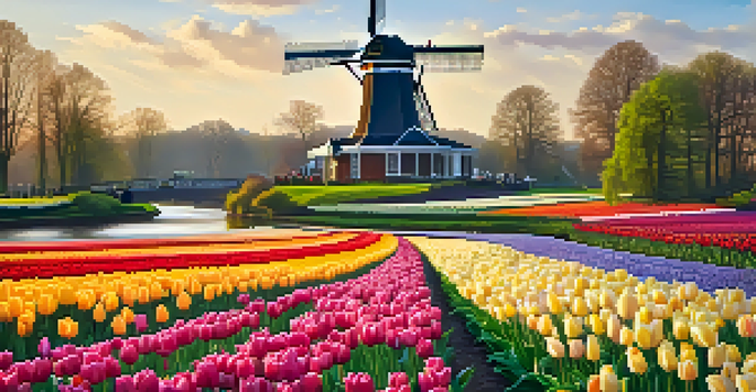 A wide view of colorful tulip fields at the Keukenhof Tulip Festival with a Dutch windmill in the background during early morning light.