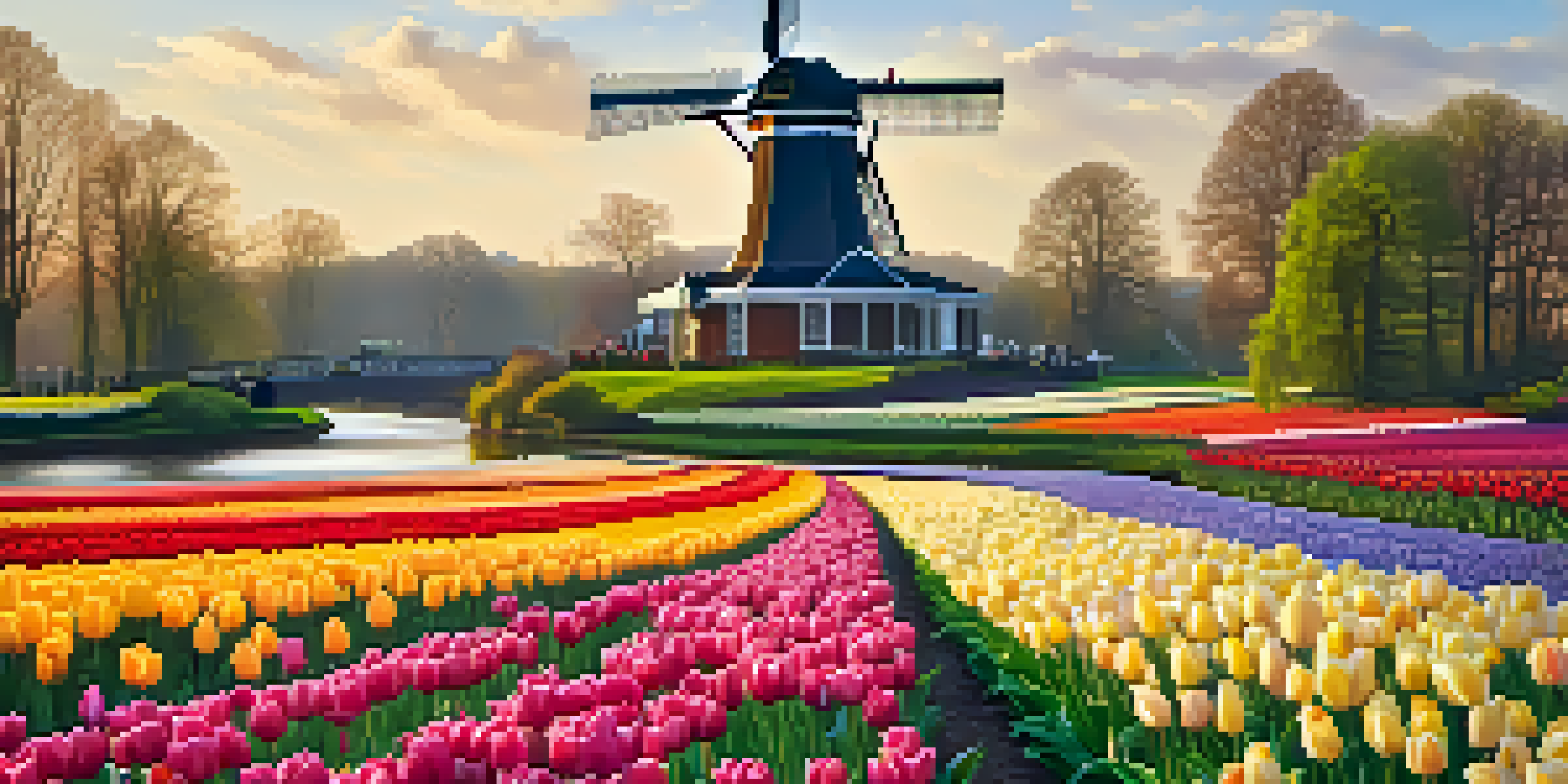 A wide view of colorful tulip fields at the Keukenhof Tulip Festival with a Dutch windmill in the background during early morning light.