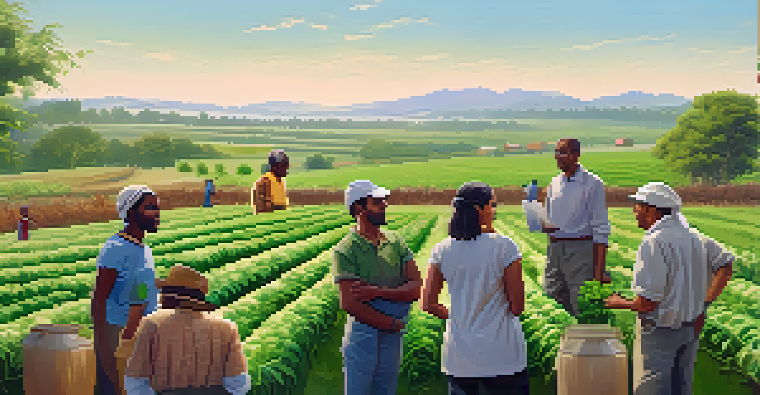 Farmers engaged in a workshop about biopesticides in a green field, surrounded by plants and educational materials.