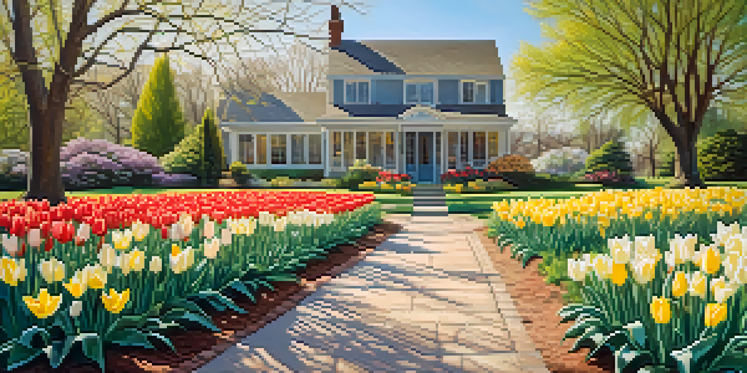 A colorful spring garden featuring tulips and daffodils blooming under a sunny sky.