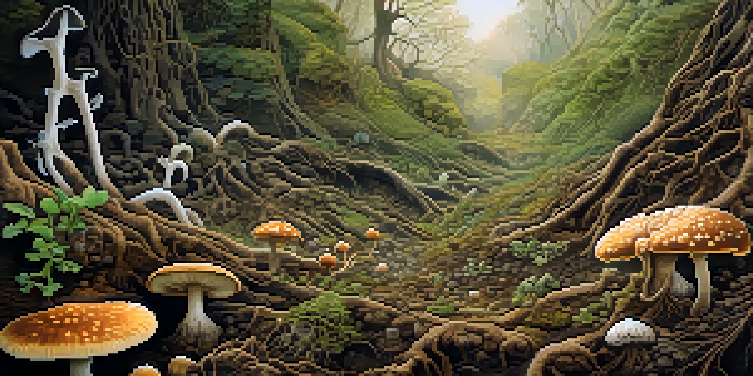 Close-up of a soil ecosystem featuring diverse fungi and their networks entwined with plant roots in rich, dark soil.