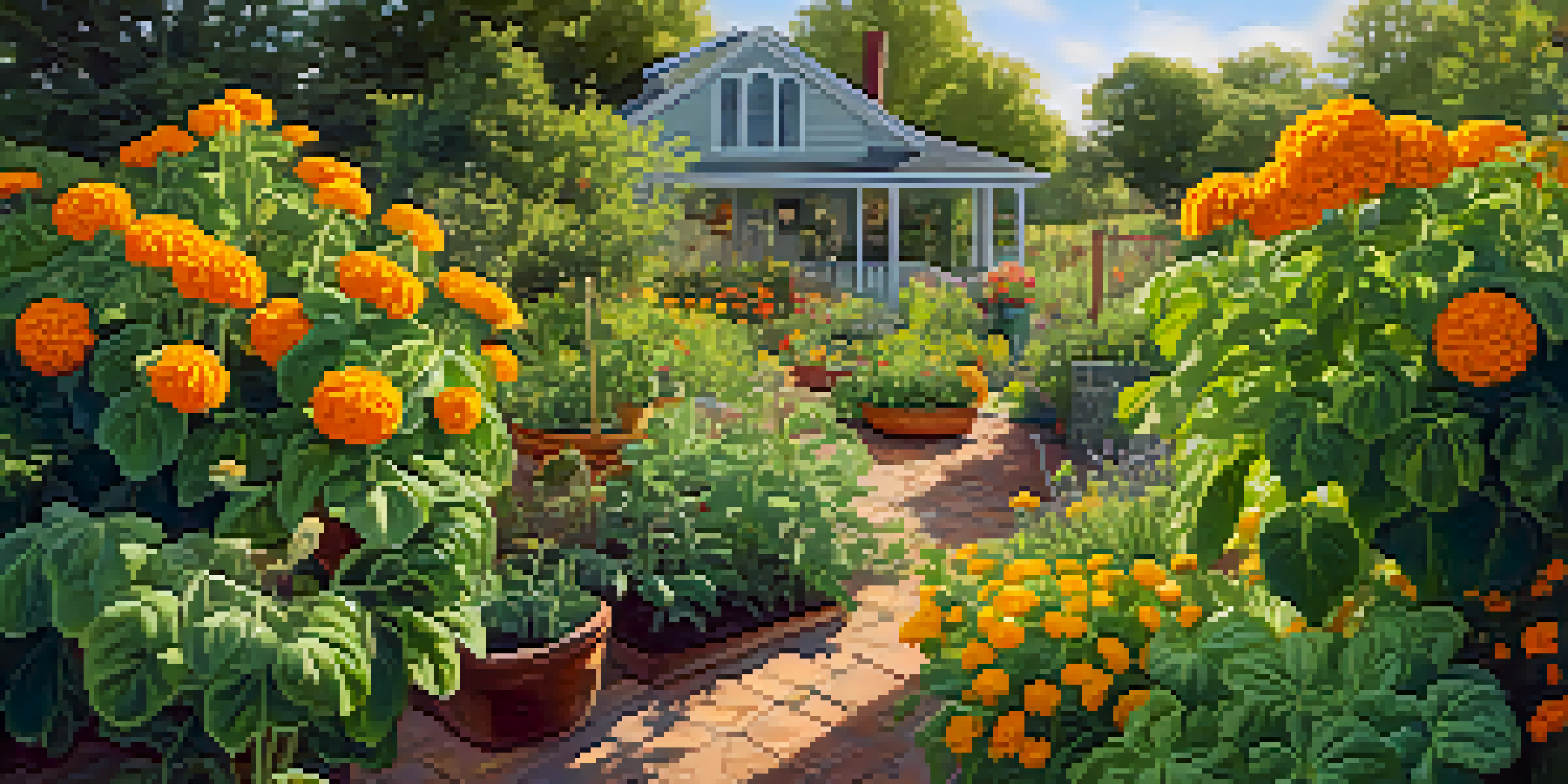 A colorful garden with tomato plants and basil, sunlight filtering through leaves, and blooming marigolds attracting bees.
