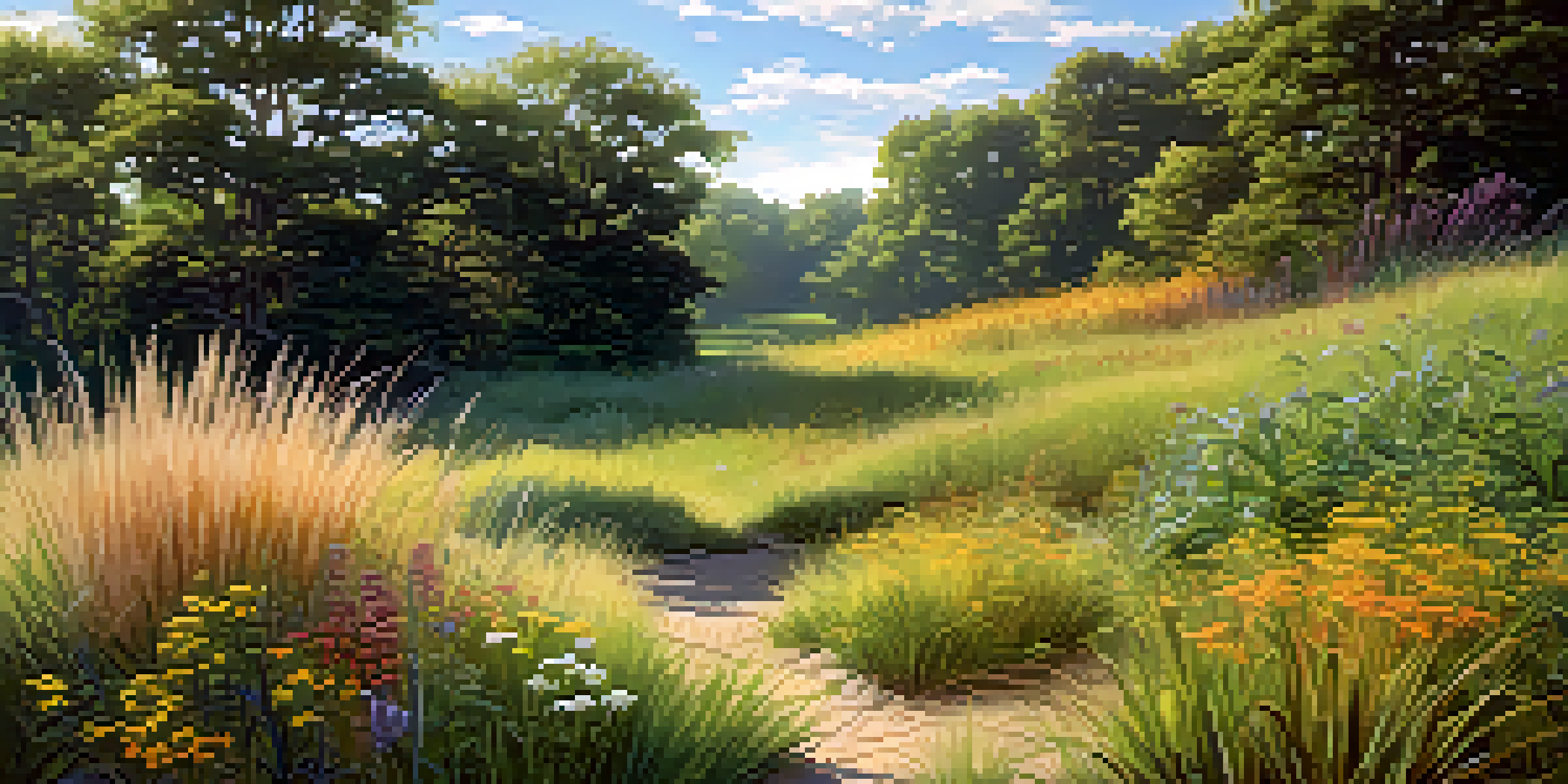 A vibrant garden scene with various perennial plants and wildflowers, illuminated by sunlight with visible root systems anchoring the soil.