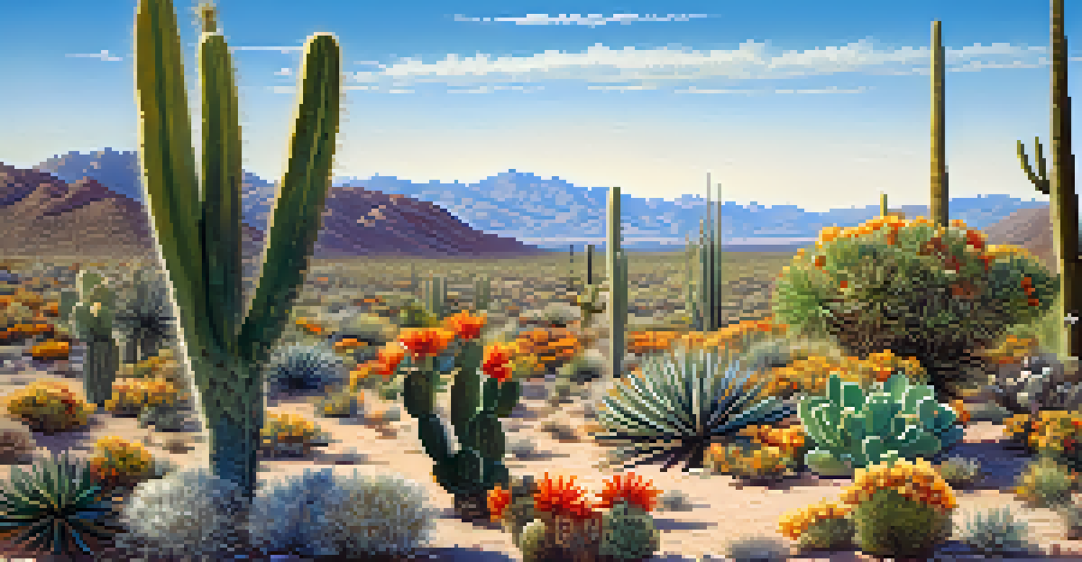 A desert landscape with flowering cacti under a clear blue sky, highlighting their vibrant colors against the dry environment.