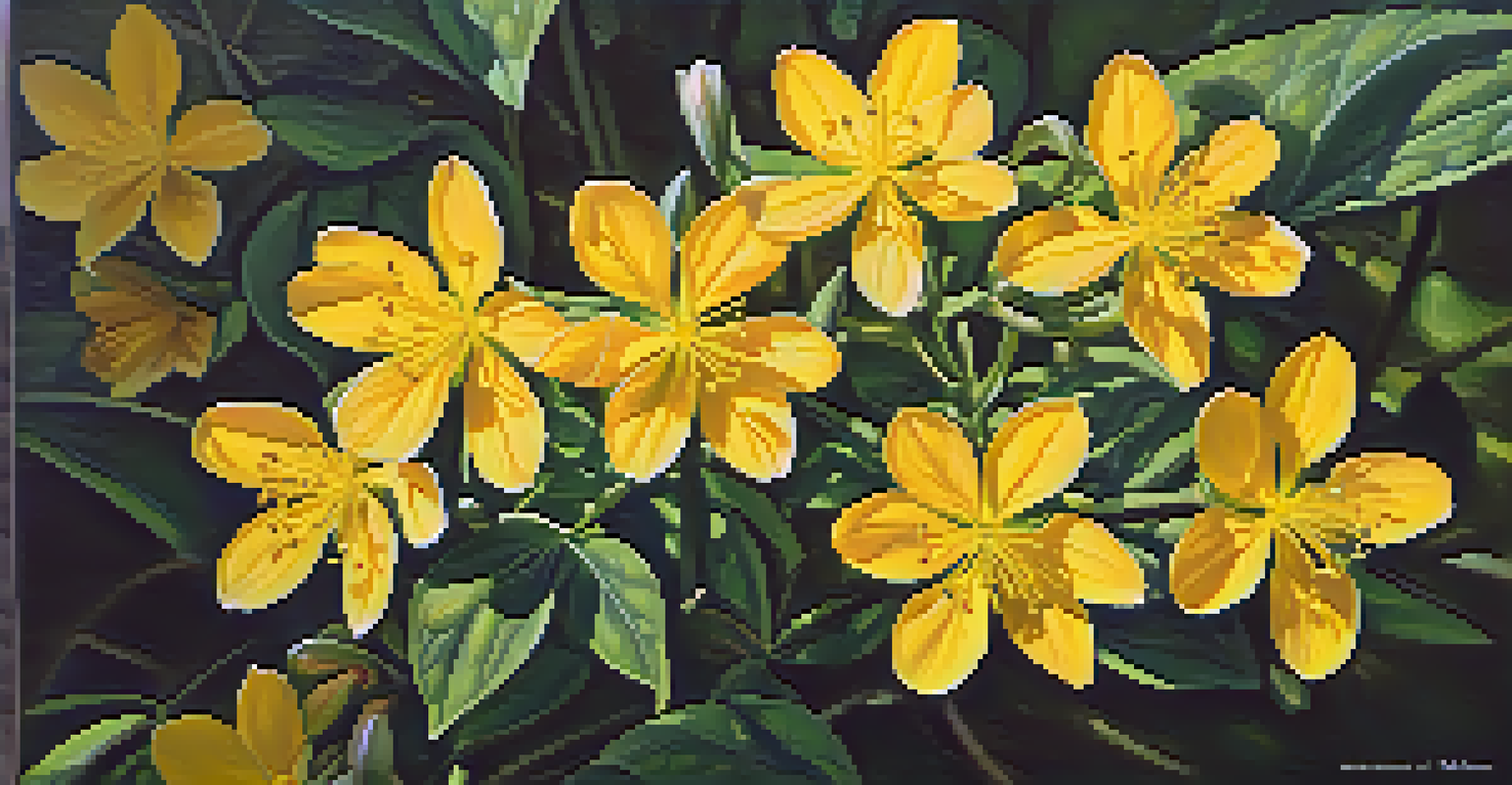 Close-up of bright yellow St. John's Wort flowers surrounded by green leaves, with sunlight creating patterns on the petals.
