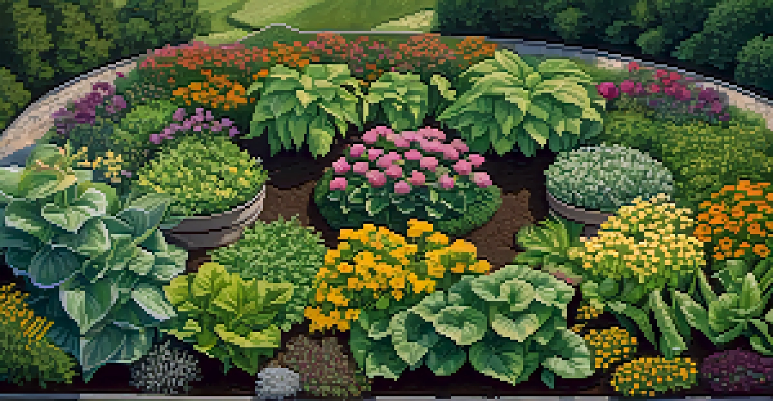 Aerial view of a garden with corn, beans, and squash arranged together, showcasing healthy plants and pollinators.