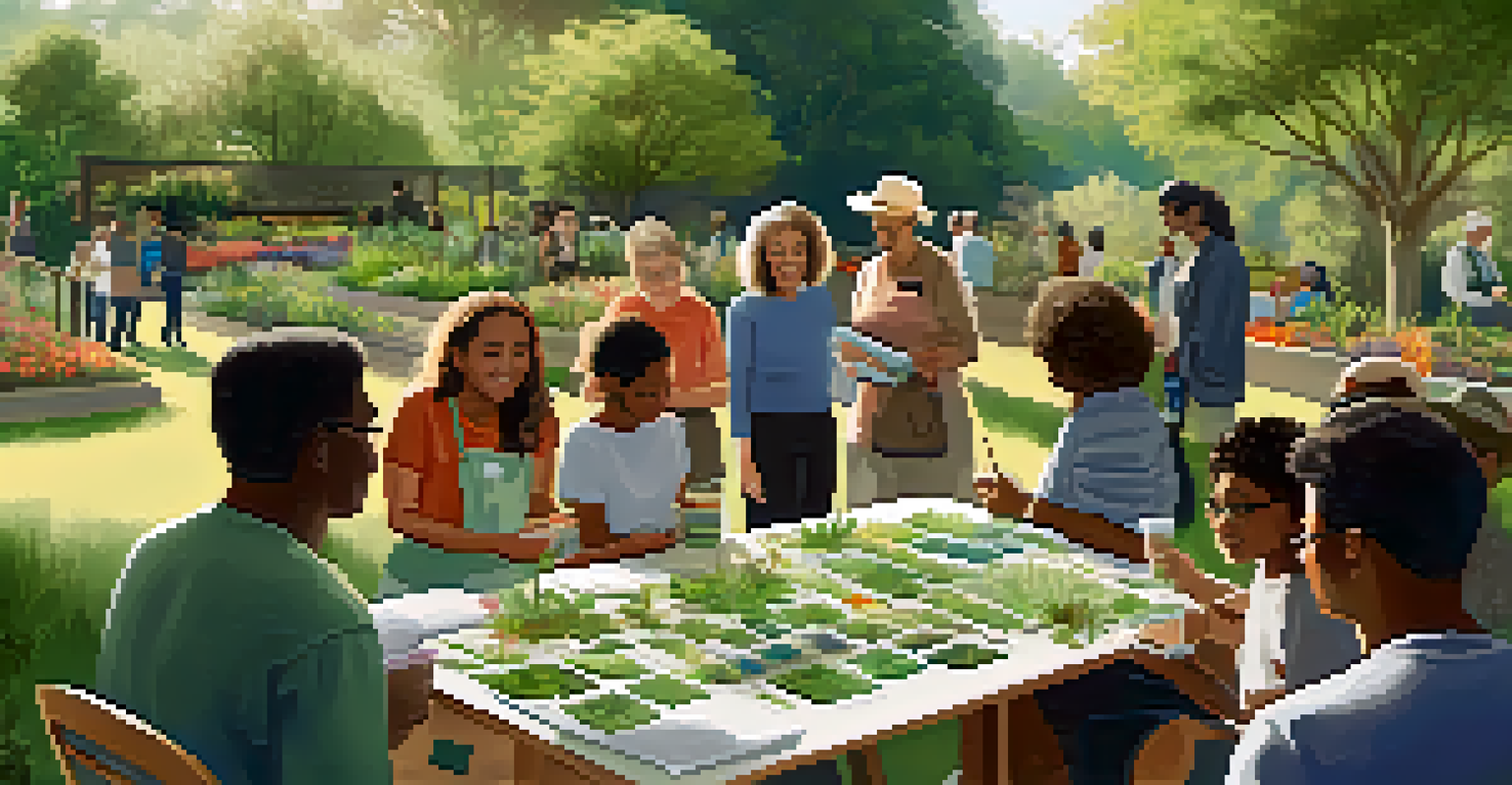 A community workshop in a botanical garden where people are learning about plant conservation surrounded by blooming flowers.