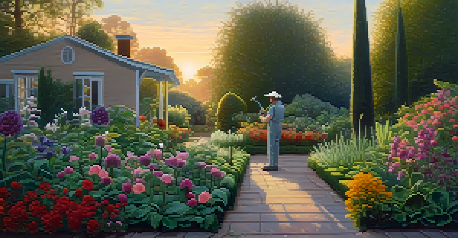 A gardener inspecting plants in a serene garden at dawn, using a spray bottle with a homemade solution, surrounded by healthy plants and dew.