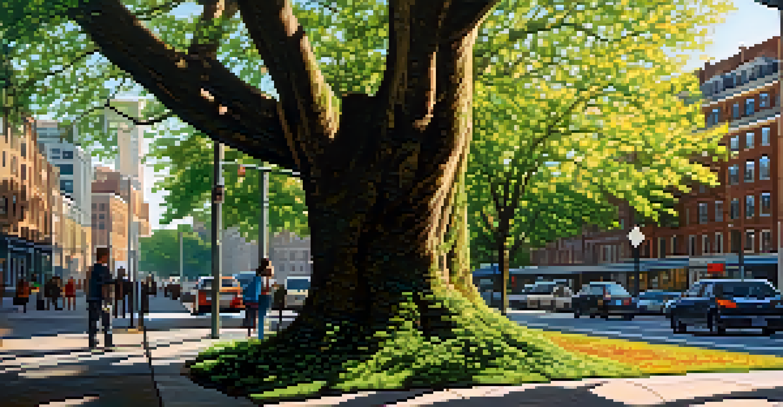 A close-up of a mature tree with textured bark and green leaves in an urban environment, with city buildings blurred in the background.