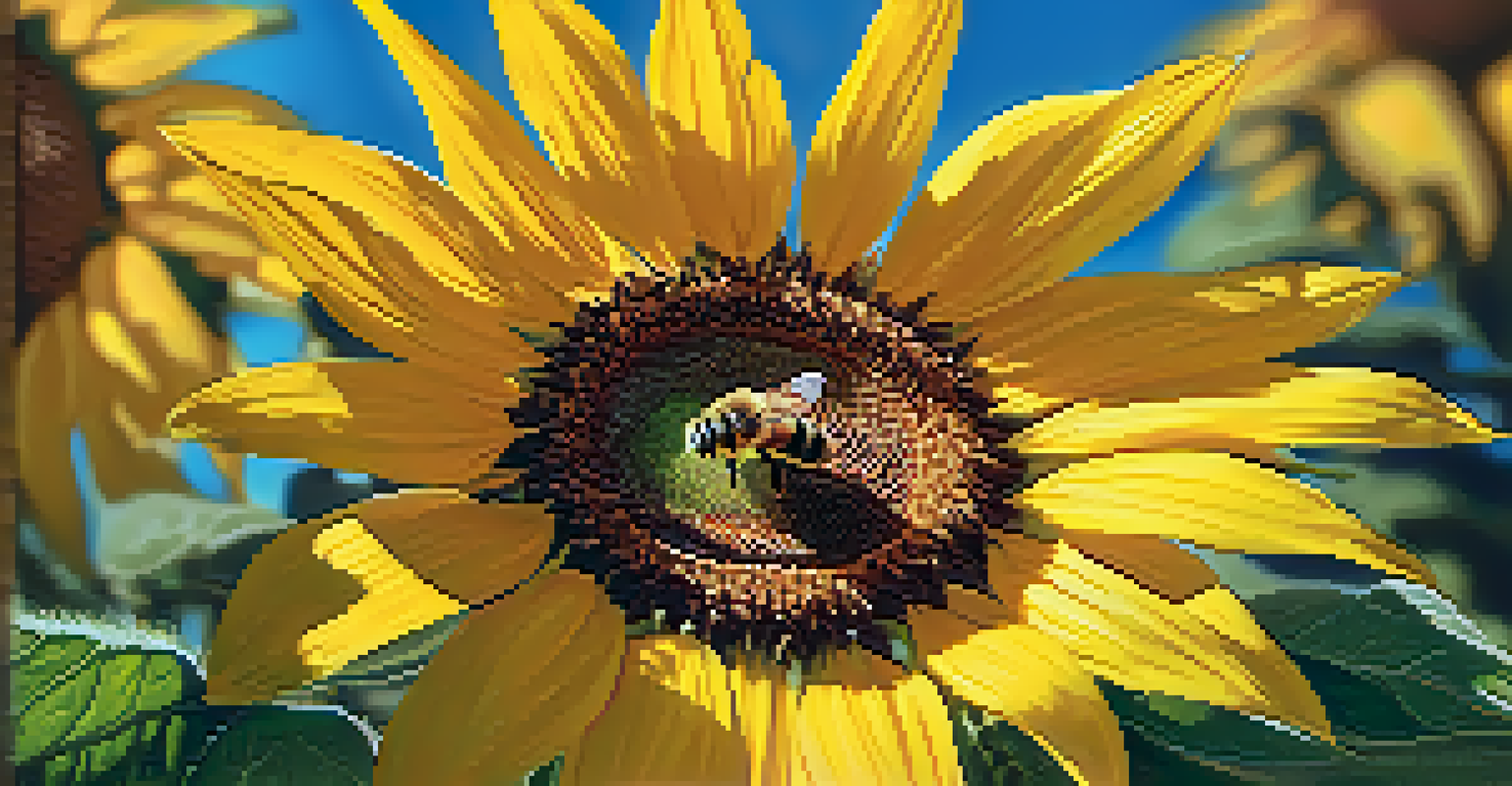 A close-up of a honeybee on a sunflower, showing the details of the flower and the bee.