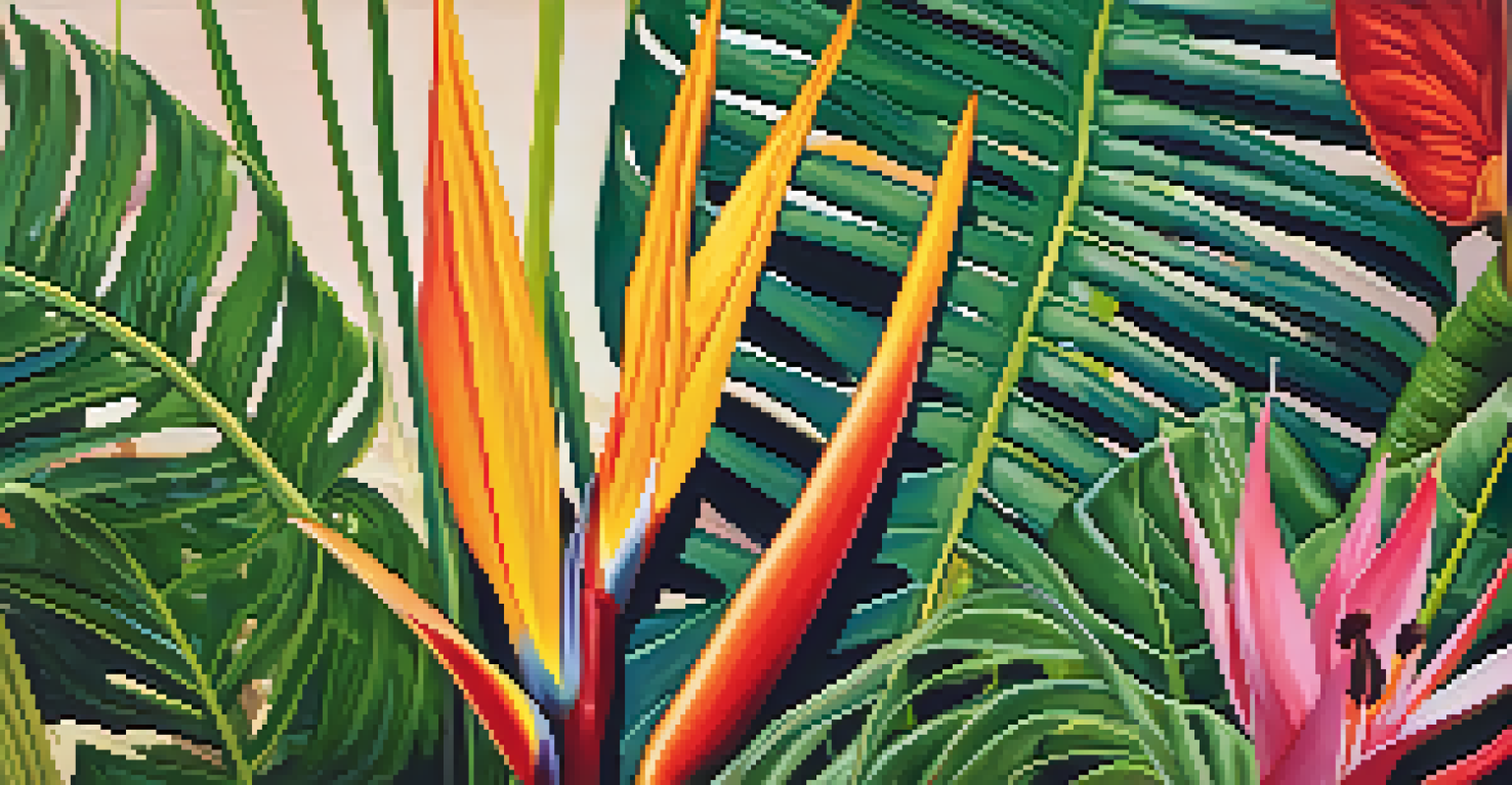 A close-up of exotic plants in a tropical garden, displaying bird of paradise flowers and monstera leaves under soft morning light.