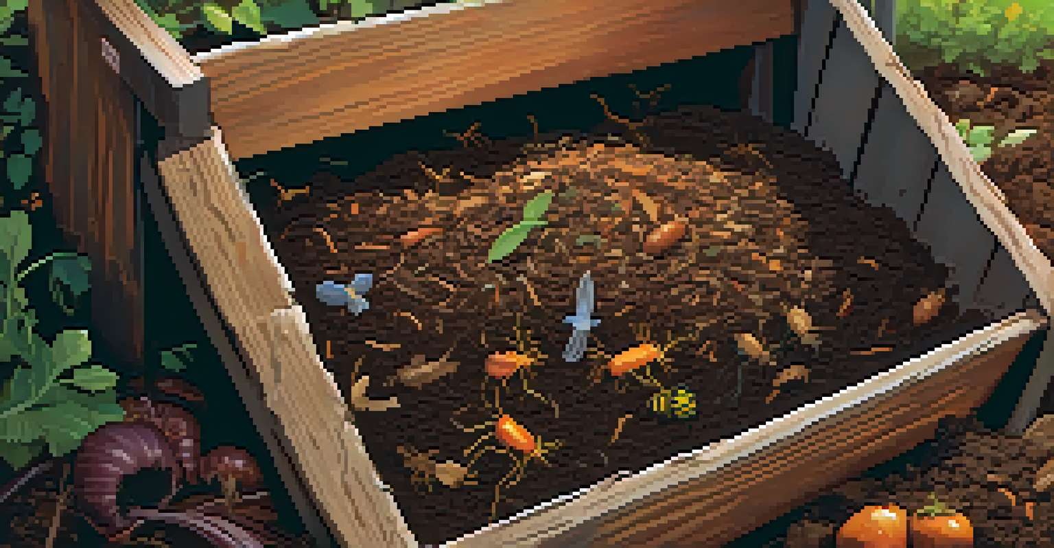 A close-up of rich compost being turned in a wooden bin, showing layers of organic materials with insects and worms.