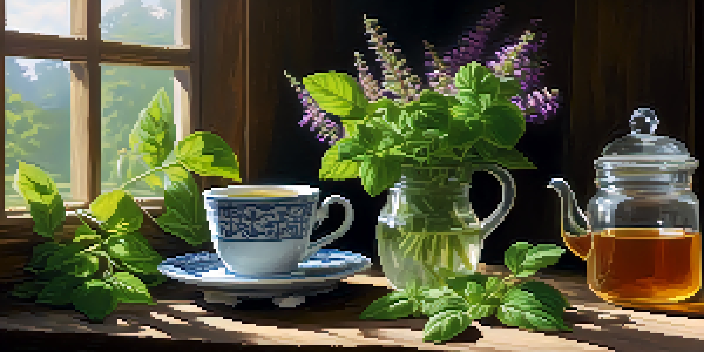 A beautiful garden with Holy Basil plants, sunlight filtering through leaves, and a cup of Tulsi tea on a rustic table.