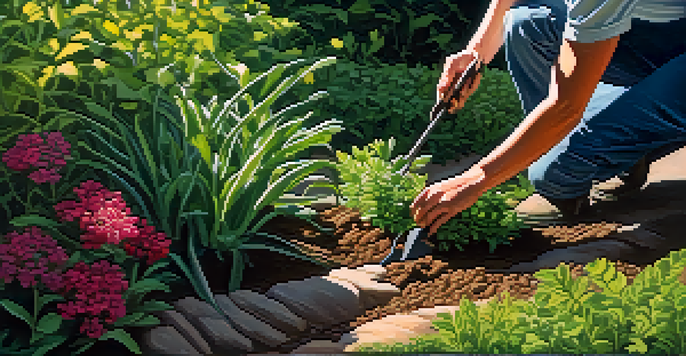 A gardener carefully digging around colorful perennial plants in a green garden with sunlight filtering through leaves.