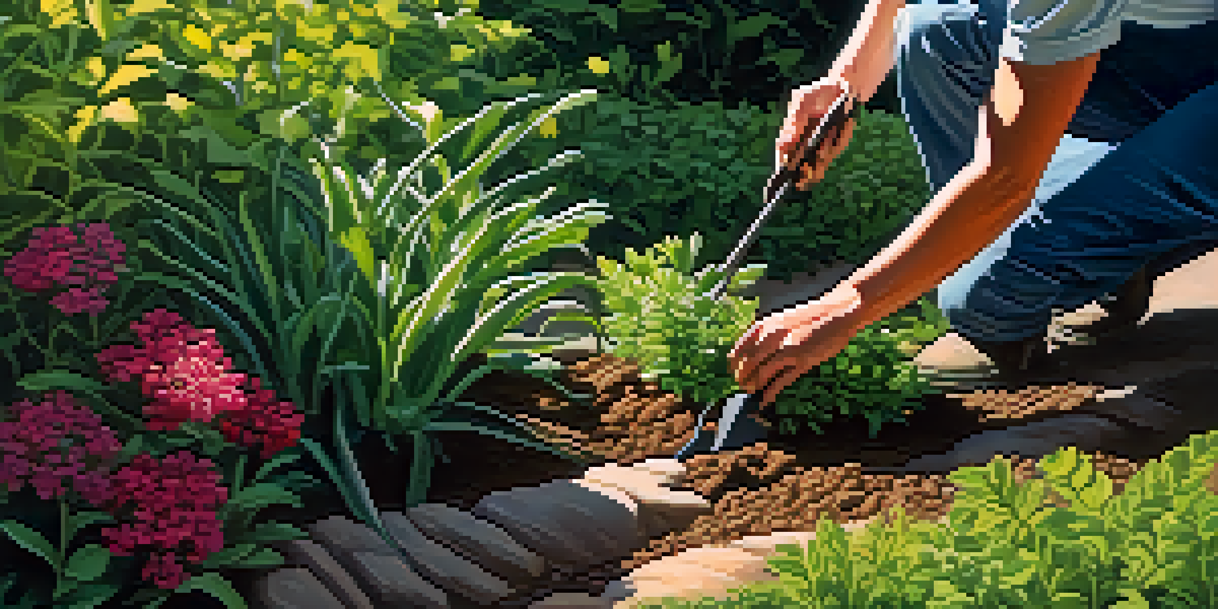 A gardener carefully digging around colorful perennial plants in a green garden with sunlight filtering through leaves.