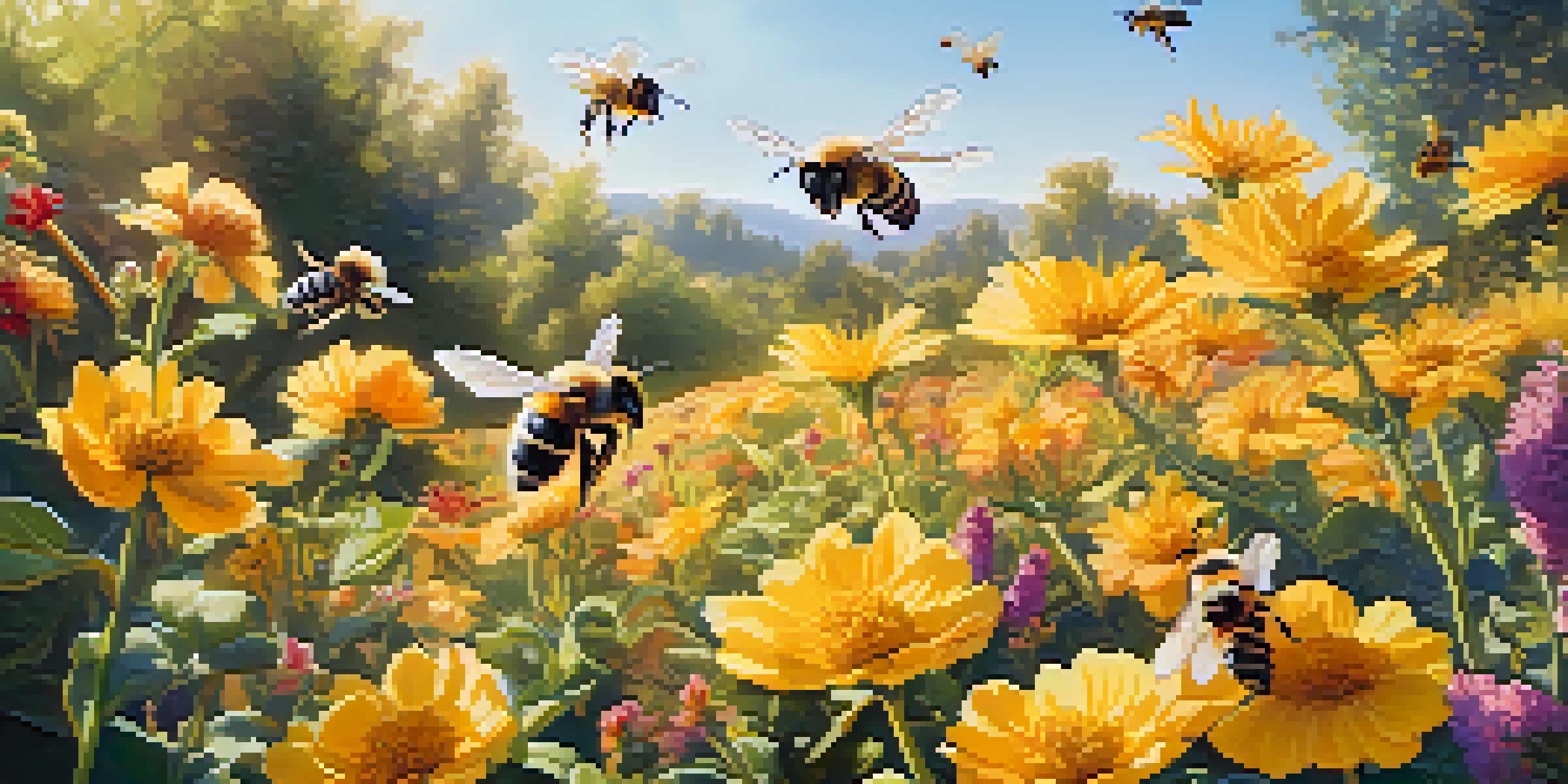 A colorful garden with flowers, bees, and butterflies in sunlight, highlighting a bee near a yellow flower.