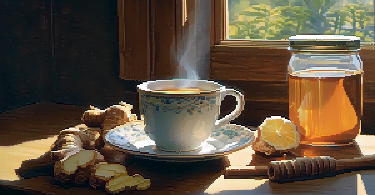 A cup of steaming ginger tea on a wooden table with fresh ginger and a honey jar, illuminated by natural light.