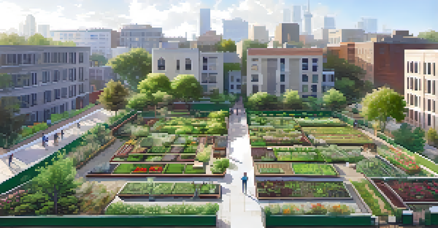 An aerial view of a community garden surrounded by urban buildings, emphasizing green spaces in the city.