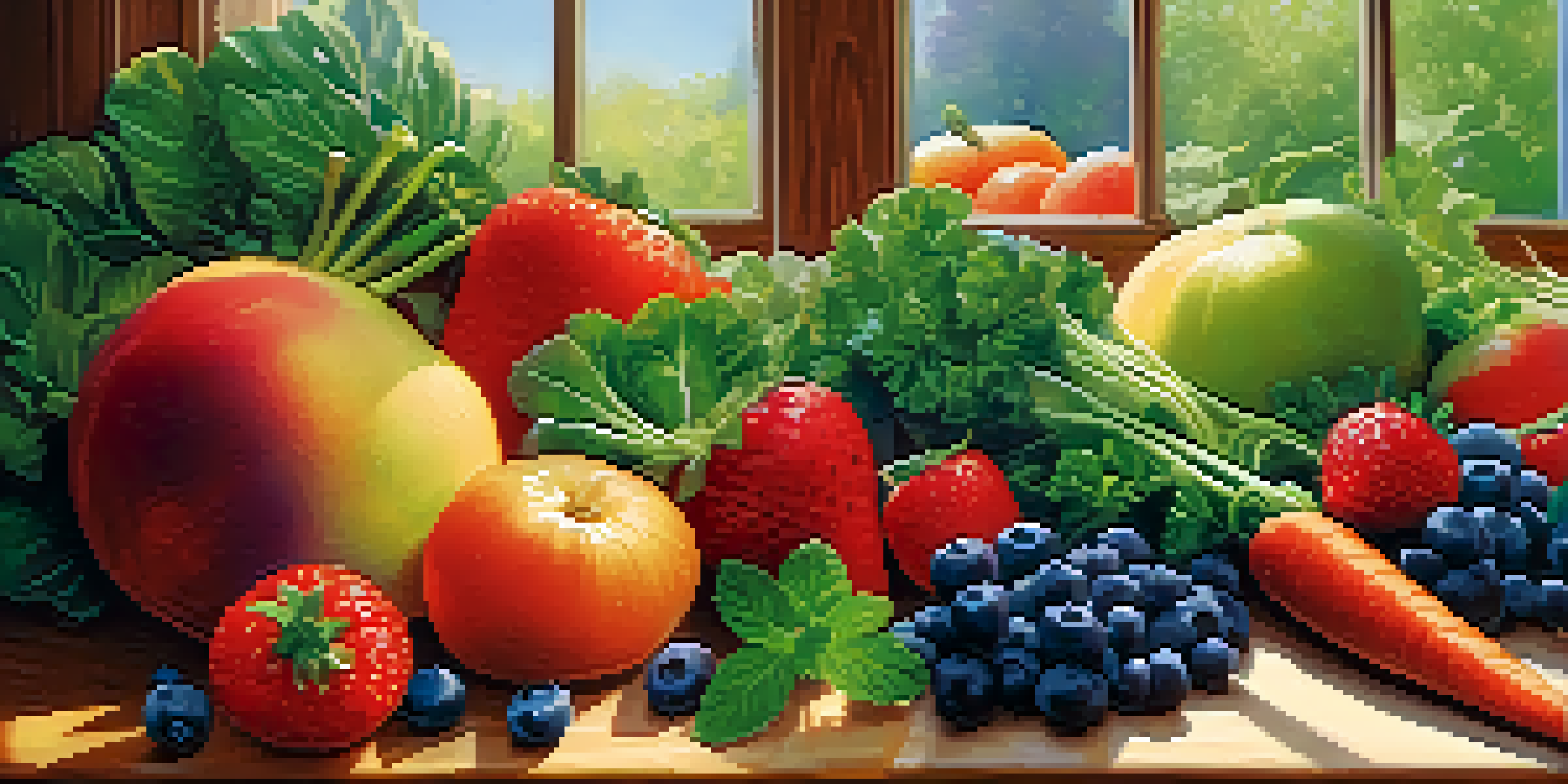 A close-up view of various colorful fruits and vegetables, including blueberries, strawberries, and carrots, arranged on a wooden table, illuminated by soft natural light.
