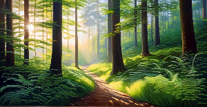 A person walking on a winding path in a forest illuminated by soft sunlight, surrounded by green ferns and wildflowers.