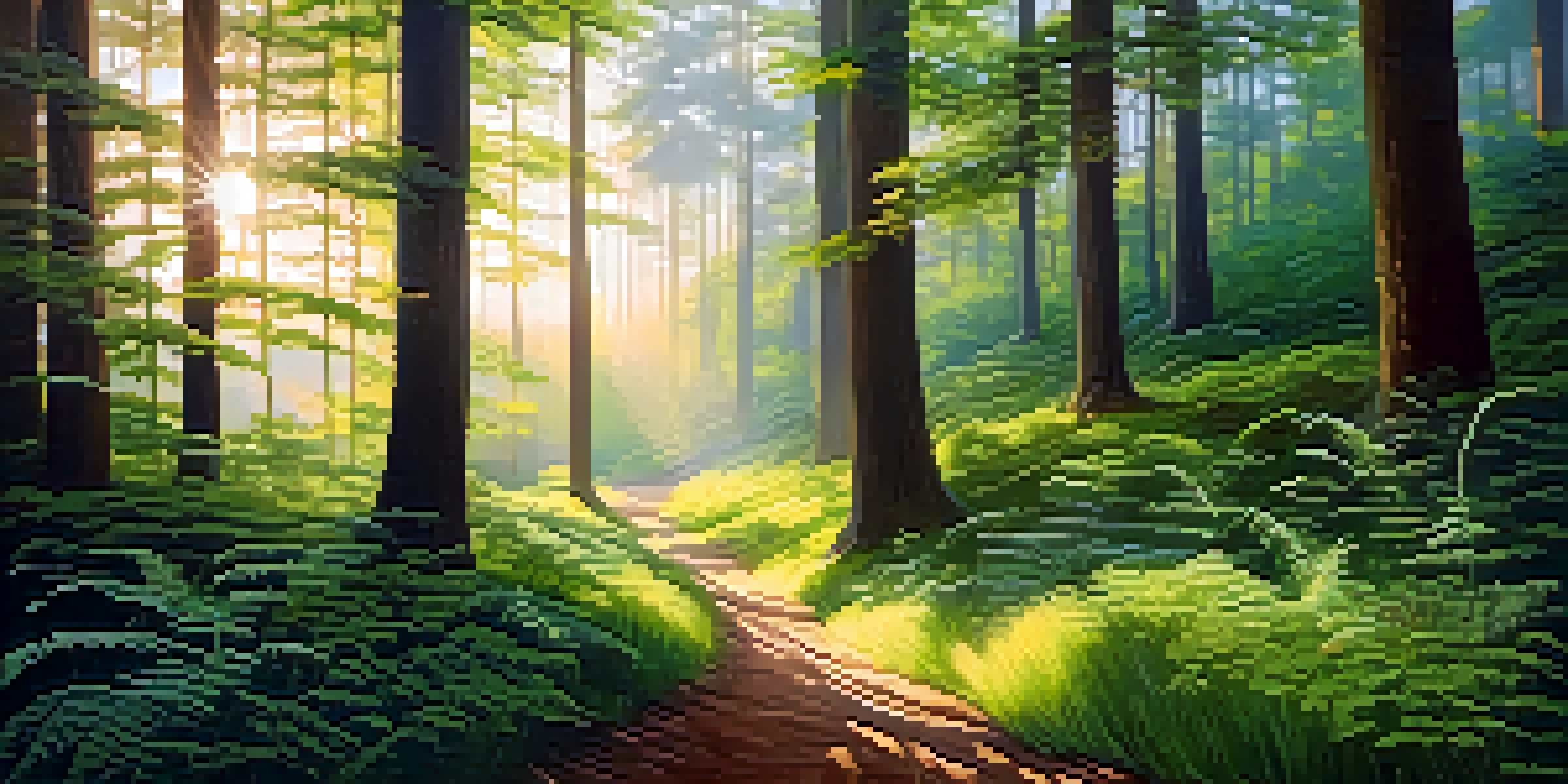 A person walking on a winding path in a forest illuminated by soft sunlight, surrounded by green ferns and wildflowers.